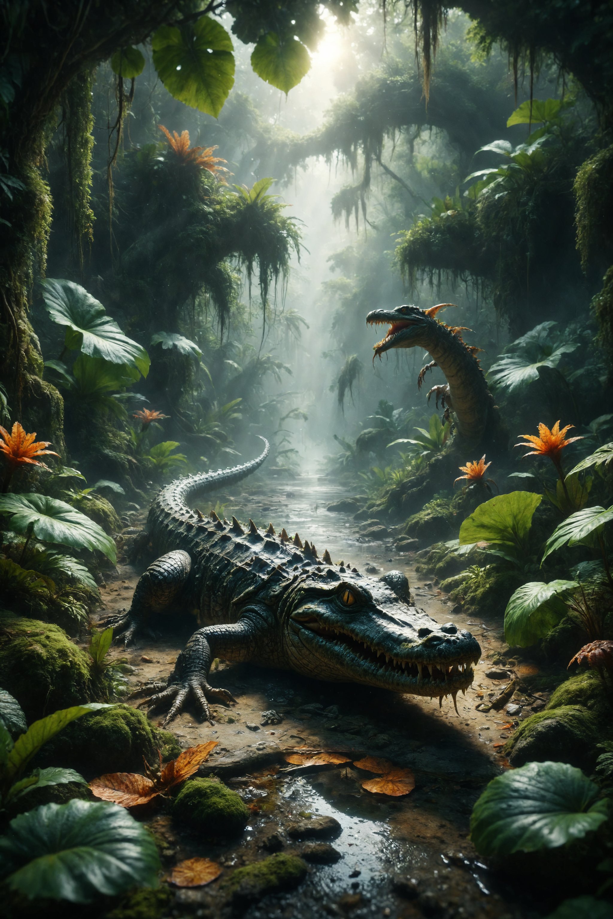 Design a scene of a crocodile with the tail of a scorpion lurking in the depths of the tropical jungle.