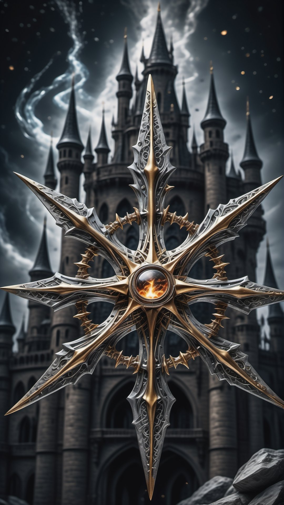 (best quality,  highres,  ultra high resolution,  masterpiece,  realistic,  extremely photograph,  detailed photo,  8K wallpaper,  intricate detail,  film grains),  High definition photorealistic photography of ultra luxury,  Design concept of premium collectible Gothic and Medieval-style Shuriken, set in a chaotic environment with swirling fire particles and a Gothic castle in the background. A luxurious design featuring marble,  glass,  and golden metal,  with black and white details. The design is inspired by the main stage of Tomorrowland 2022,  with ultra-realistic gothic details and a high level of intricacy in the image.