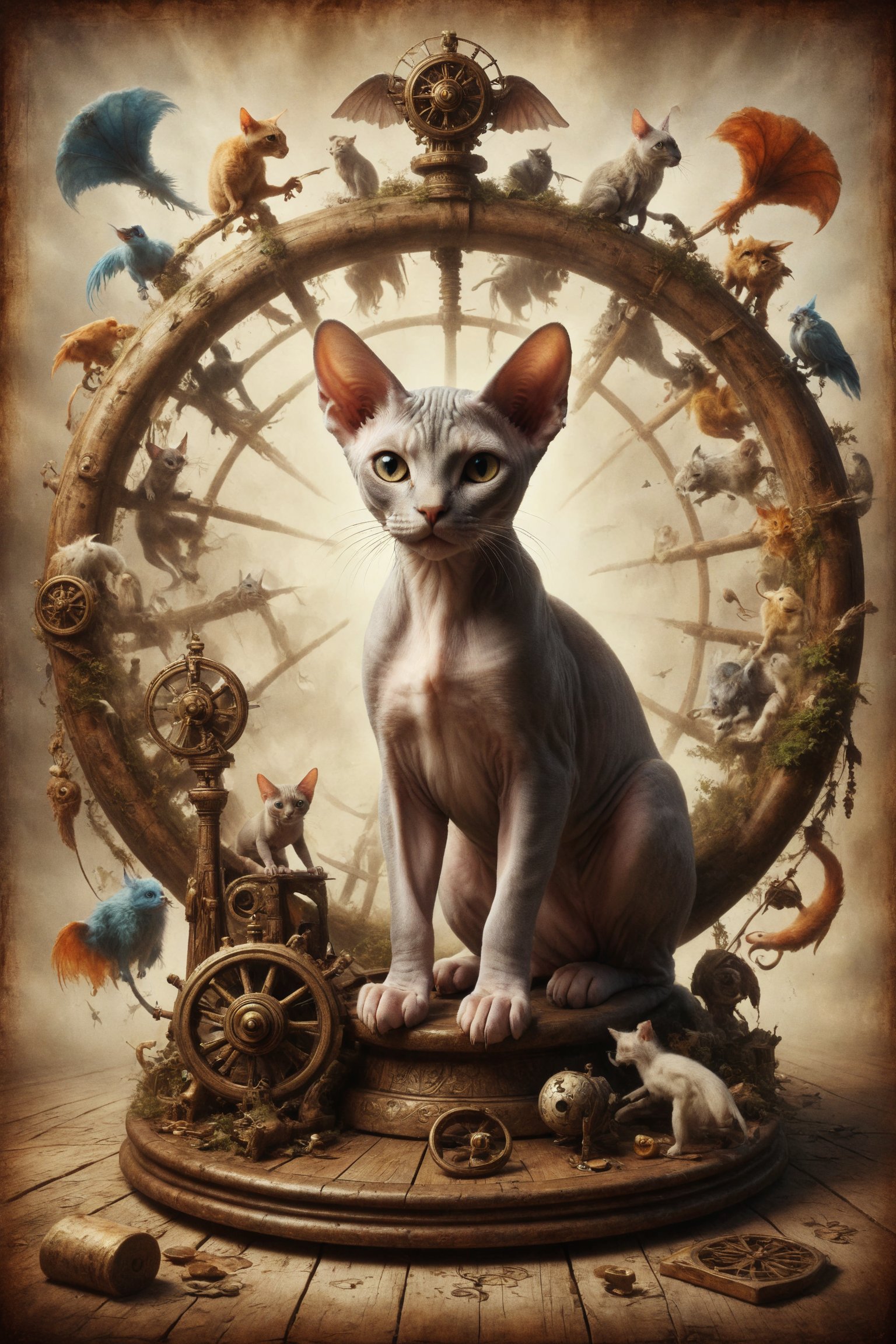 Create an image of a Sphynx cat in the center of a spinning wheel with mythical creatures at the four corners, symbolizing the cycles of life, luck, and destiny.