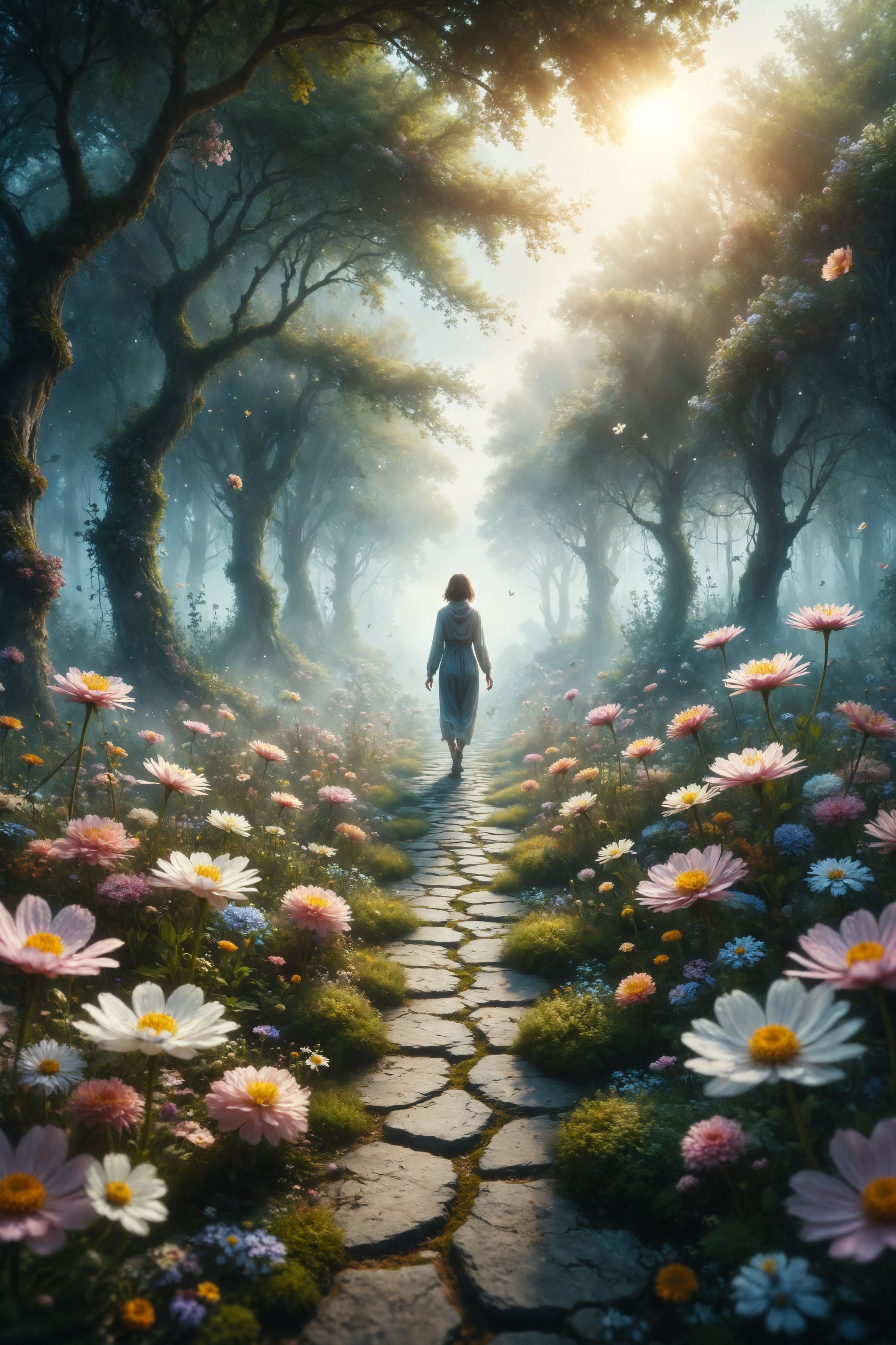 Create an illustration of a person walking on a path of floating flowers in an ethereal garden.