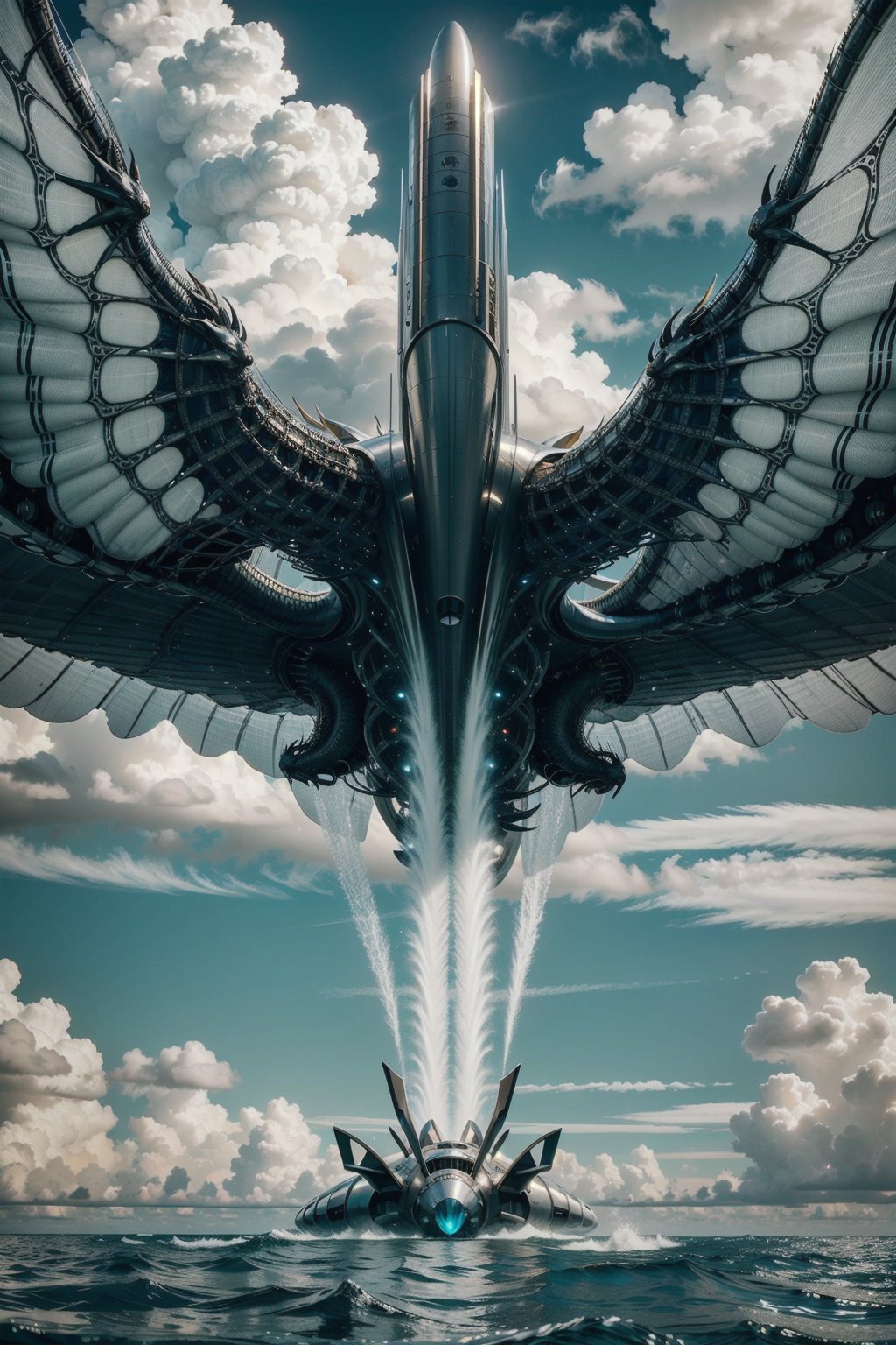 Photorealistic render in high definition of a luxury mega jet airplane on the sky, caotic scene air dragon luxury, sky, with wings on both sides and in the middle of the design, gold, white, black, turquoise, surreal concept on a private beach, very sculptural and with fluid and organic shapes, with symmetrical curves in shape of dragon wings inspired by Zaha Hadid's style, gold, with black and white details. building inside the jet and a rocket, The design is inspired by the main stage of Tomorrowland 2022, with ultra-realistic Art Deco details and a high level of image complexity.