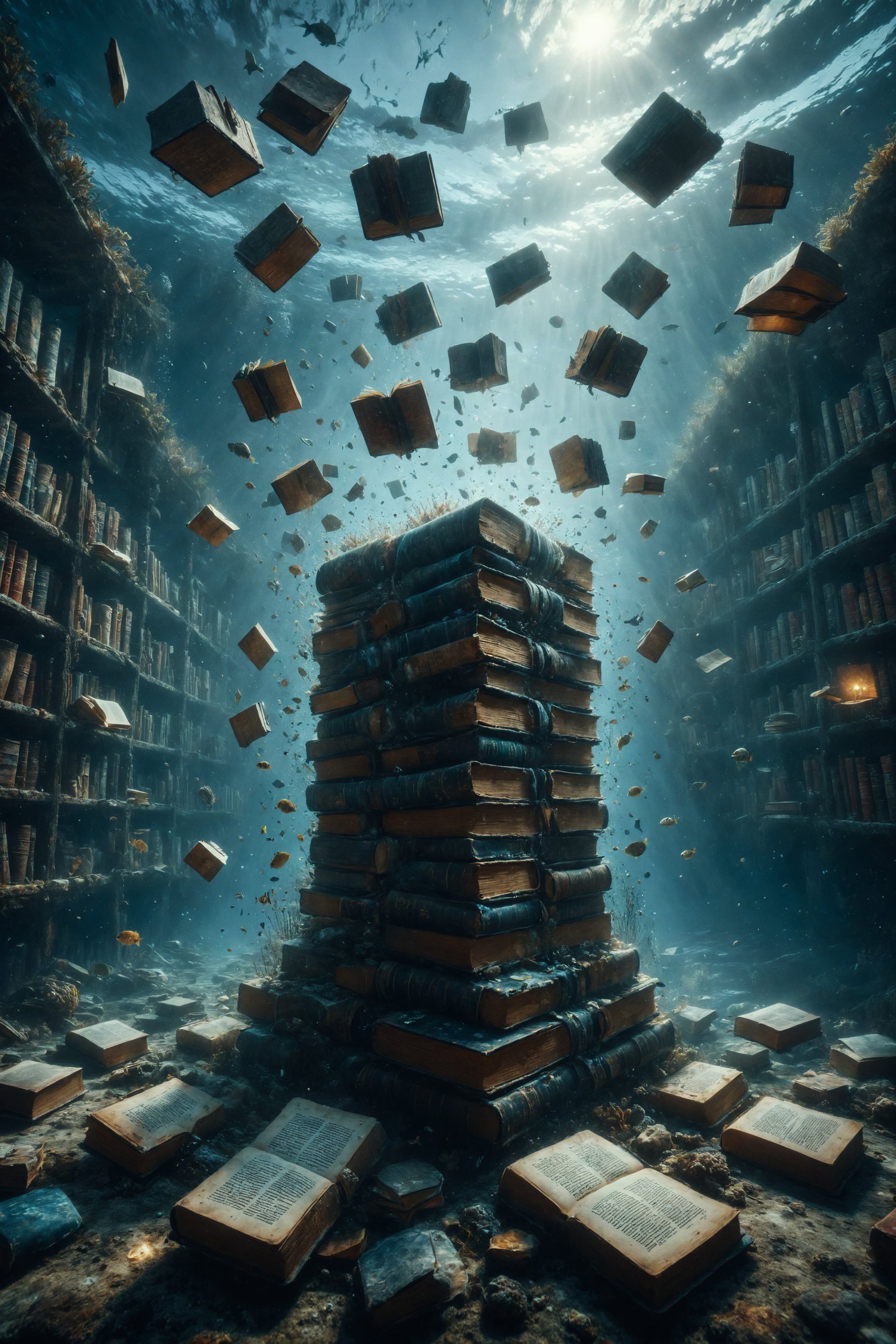 Generate an image of an underwater library full of books floating in the water like fish.