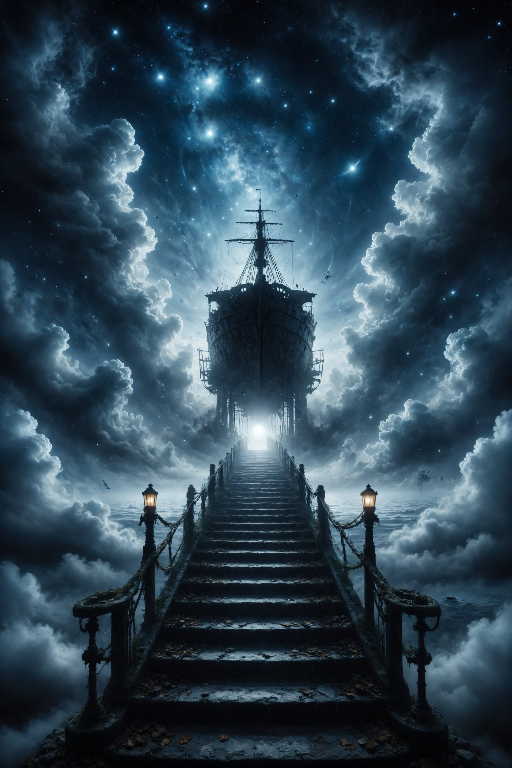 An endless staircase rises towards the sky, but instead of reaching the clouds, it opens into an ocean of stars where ghostly ships sail among constellations.