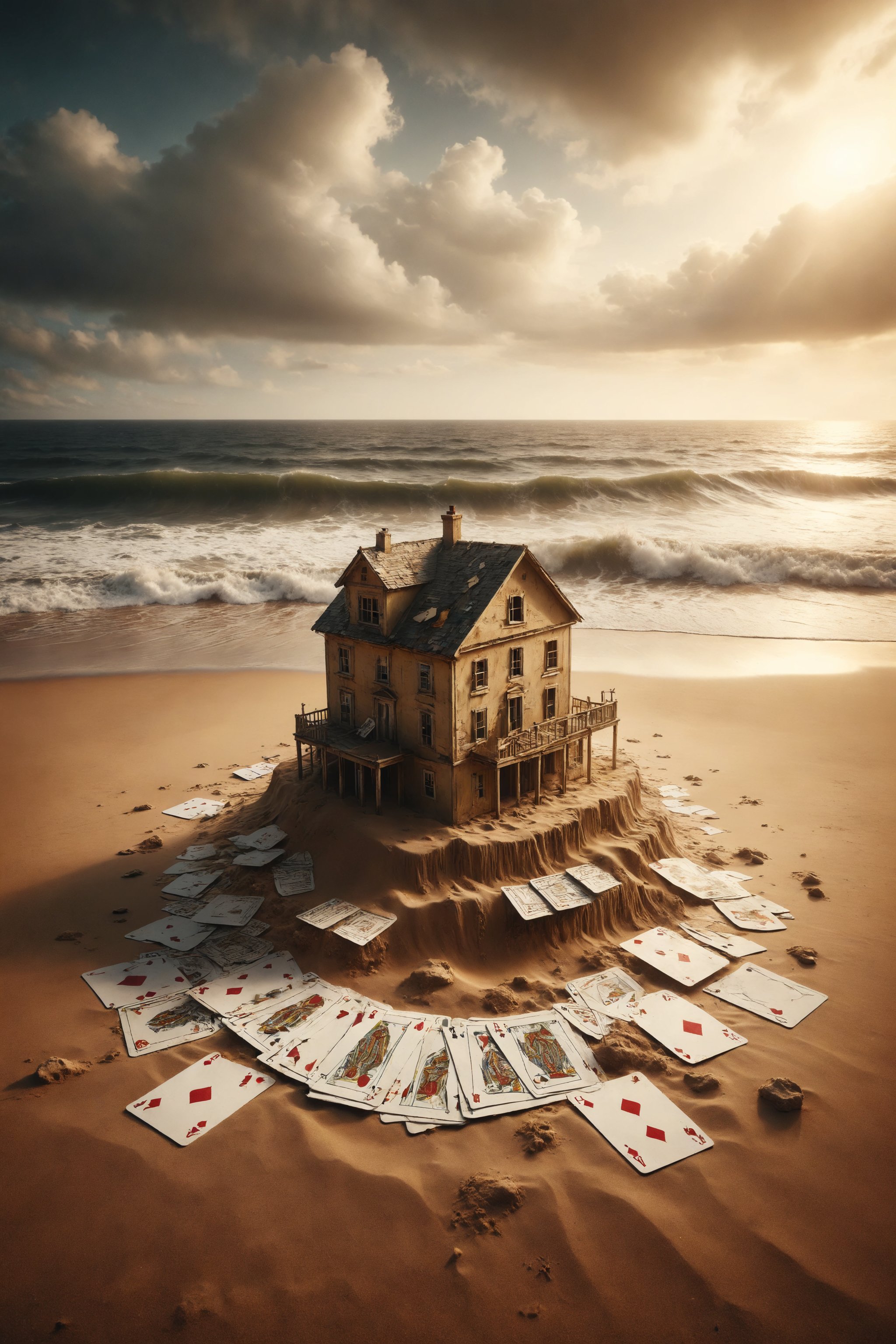 A house of cards stands on a golden sand beach, while the sea waves are composed of playing cards that slide and fade with each wave.