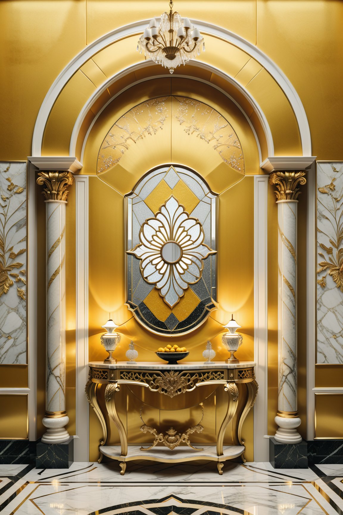 (best quality,  highres,  ultra high resolution,  masterpiece,  realistic,  extremely photograph,  detailed photo,  8K wallpaper,  intricate detail,  film grains),  High definition photorealistic photography of luxurious 
entrance console in yellow, in marble, metal and glass, with fine details and clean finishes, a cinematographic shot in marble and glass with iridescent iridescent effect, detailed explosion of the scenery, with fabrics, Full of elegant mystery, symmetrical, geometric and parametric details, Technical design, Ultra intricate details, Ornate details. shutter speed 1/1000, f/22, white balance, vintage aesthetic, retro aesthetic, retro film, dramatic setting, horror film