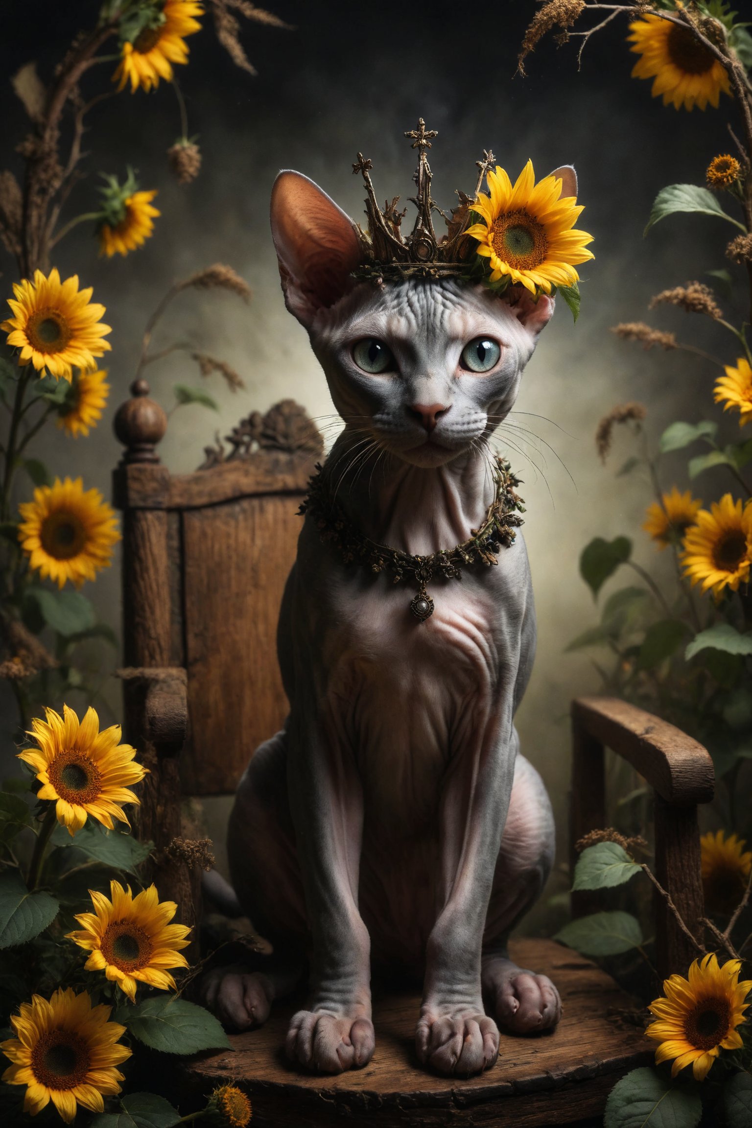 Create an image of a female Sphynx cat with a beautiful crown on her head, and holding a wooden branch in her hand, as if it were her symbol of power, on a throne made of wooden branches, adorned with sunflowers and canes and branches of wood. , with a black cat at her feet, symbolizing trust, independence and warmth.