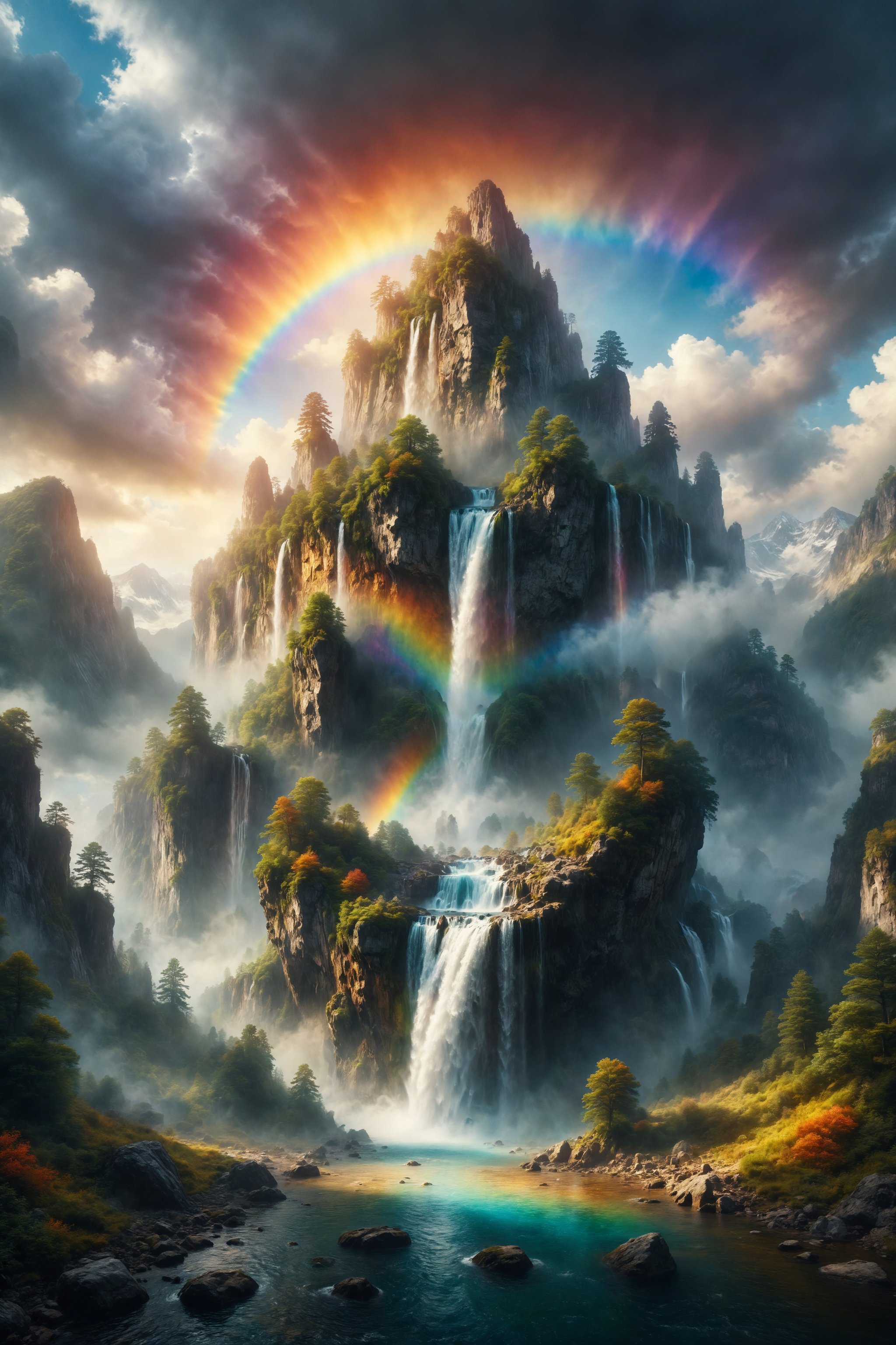 Generate an image of a floating mountain in the sky, with waterfalls of colors cascading down like liquid rainbows.