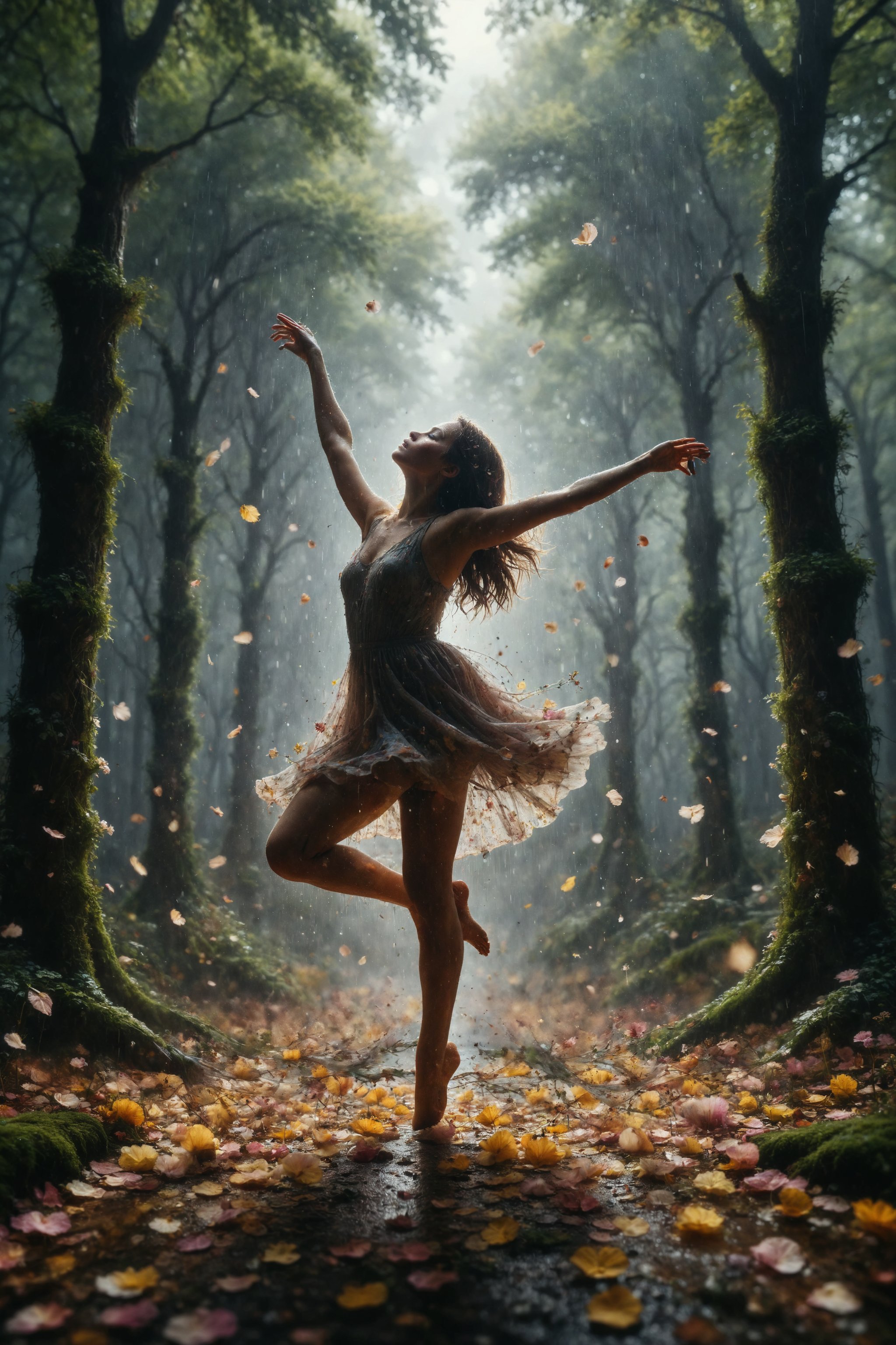 Create an image of a person dancing under a rain of flower petals in an enchanted forest.