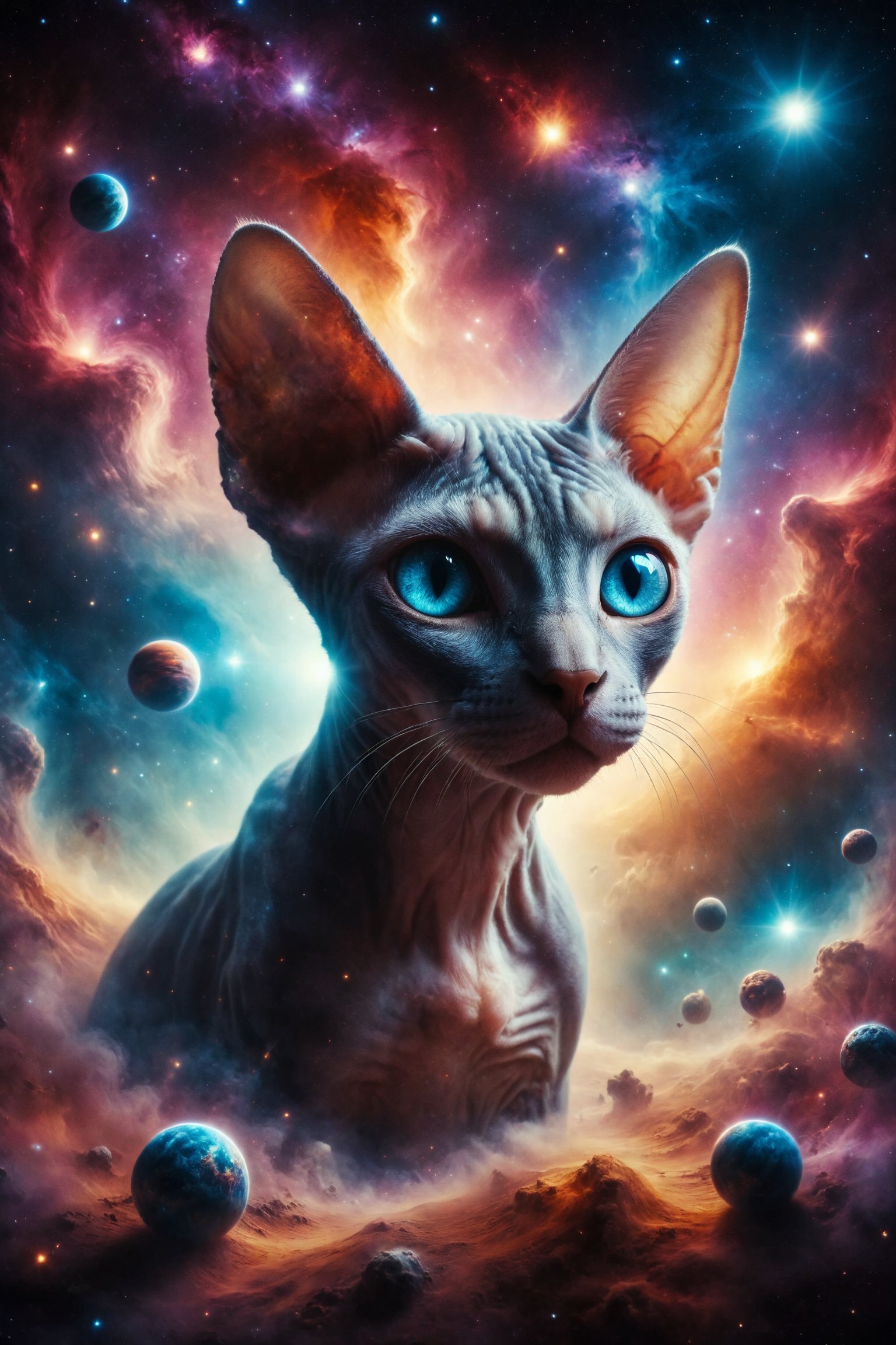 Generate a surreal image of a Sphynx cat with galaxy eyes exploring an infinite universe full of unknown planets and glowing nebulae on an intergalactic journey.