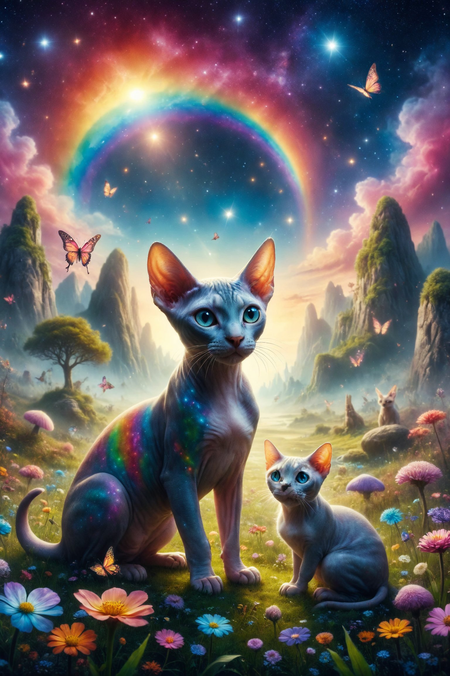 Create an illustration of a Sphynx cat with rainbow skin playing with fairies in a crystal meadow in a world of bright colors and magical landscapes under a starry sky.