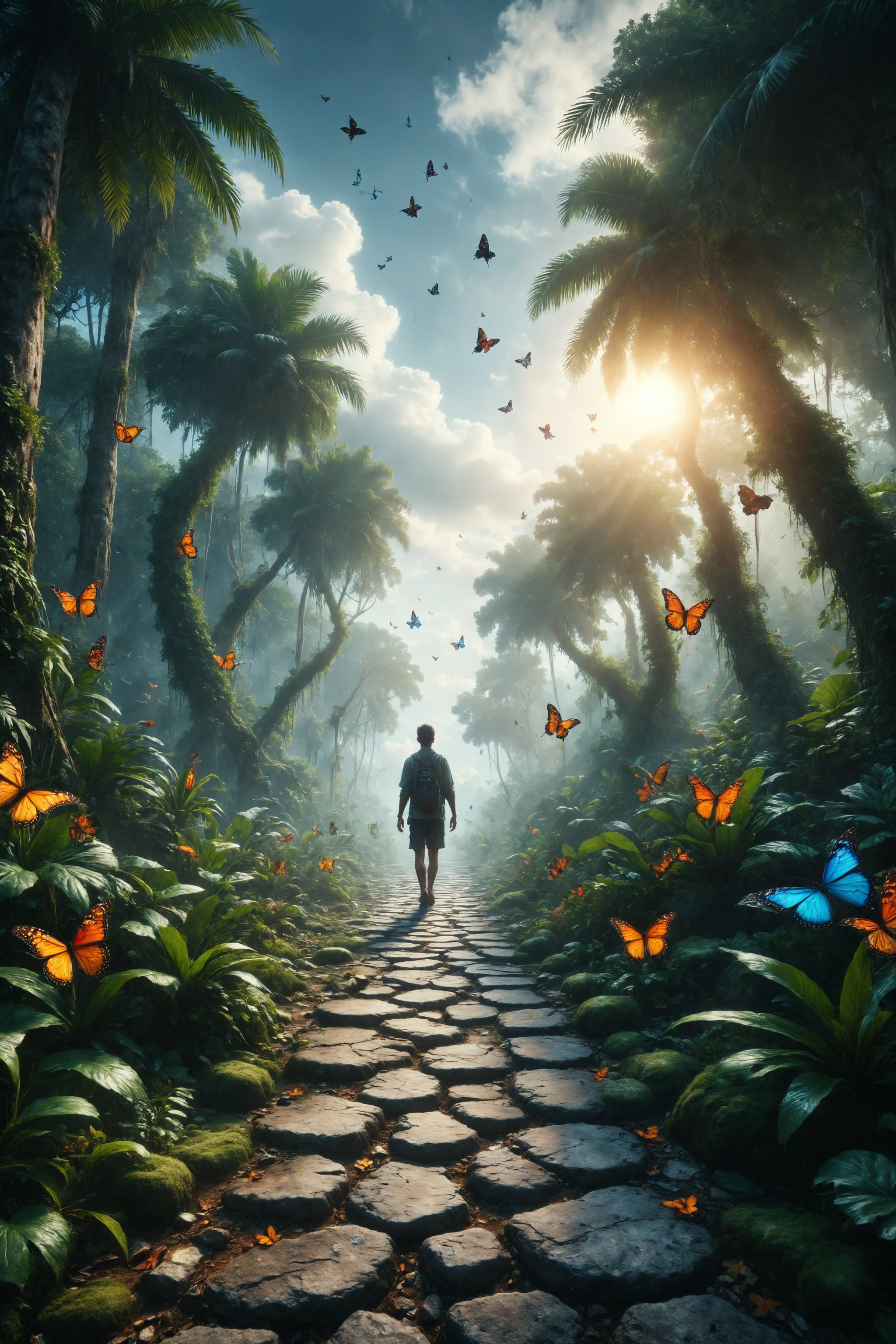 Design a scene of a person walking on a stone path in a tropical jungle under a sky full of butterflies.