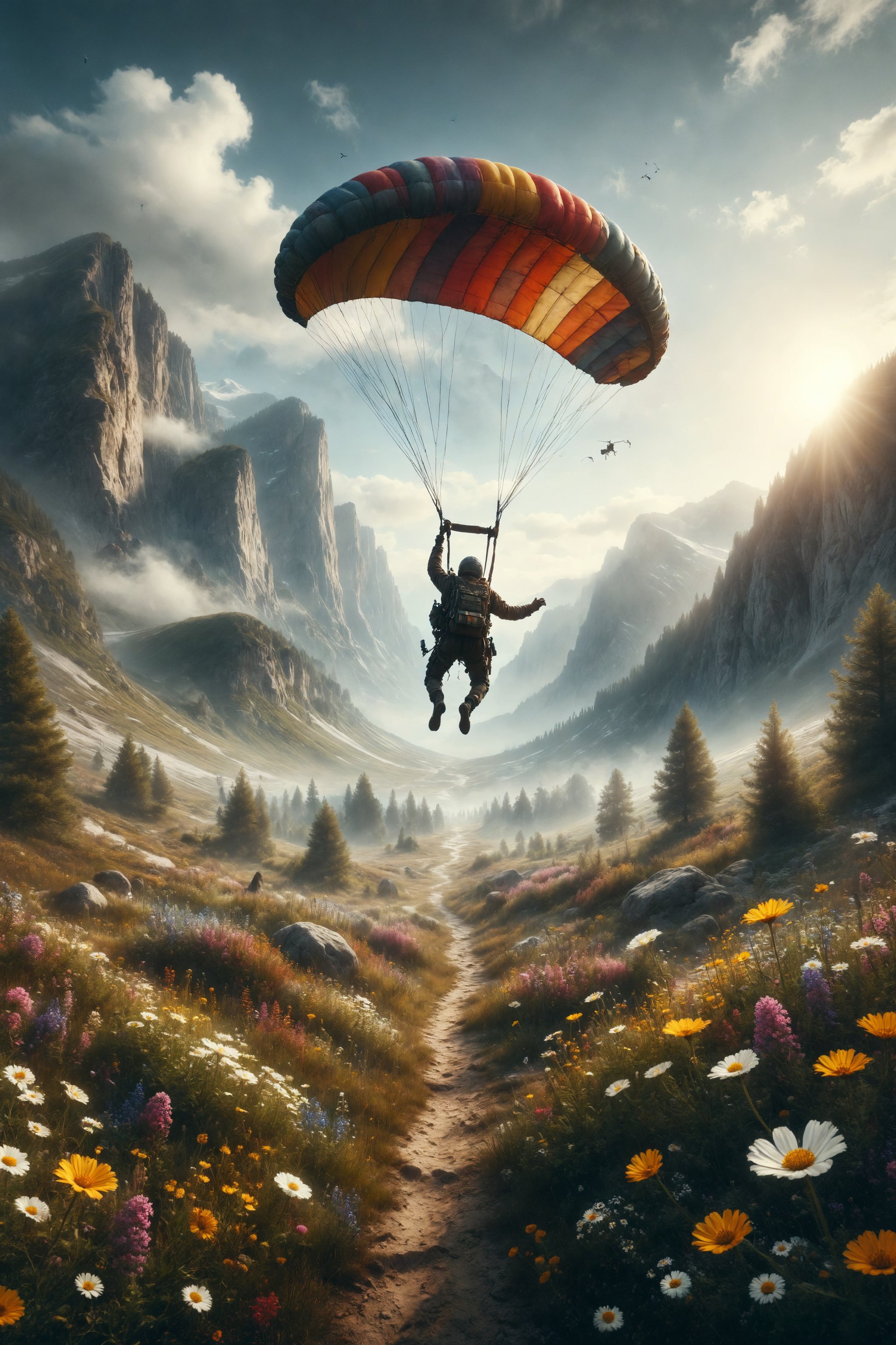 Design a scene of a person parachuting over a valley full of wildflowers.