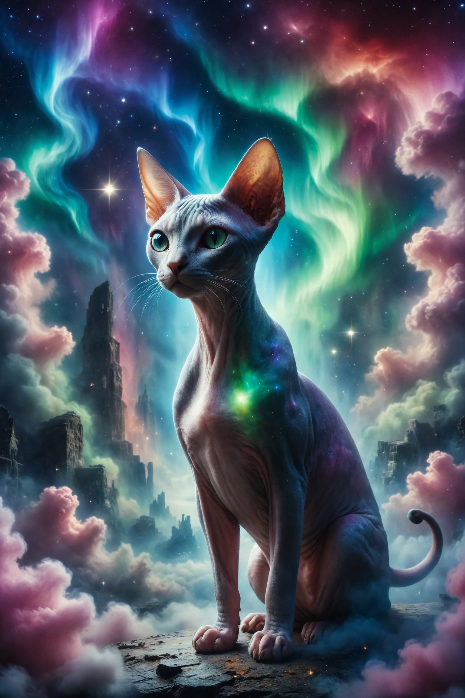 Design a dreamlike scene where a Sphynx cat with aurora borealis skin glides among the bright clouds in a starry sky, while the dancing lights paint a colorful spectacle in the firmament.