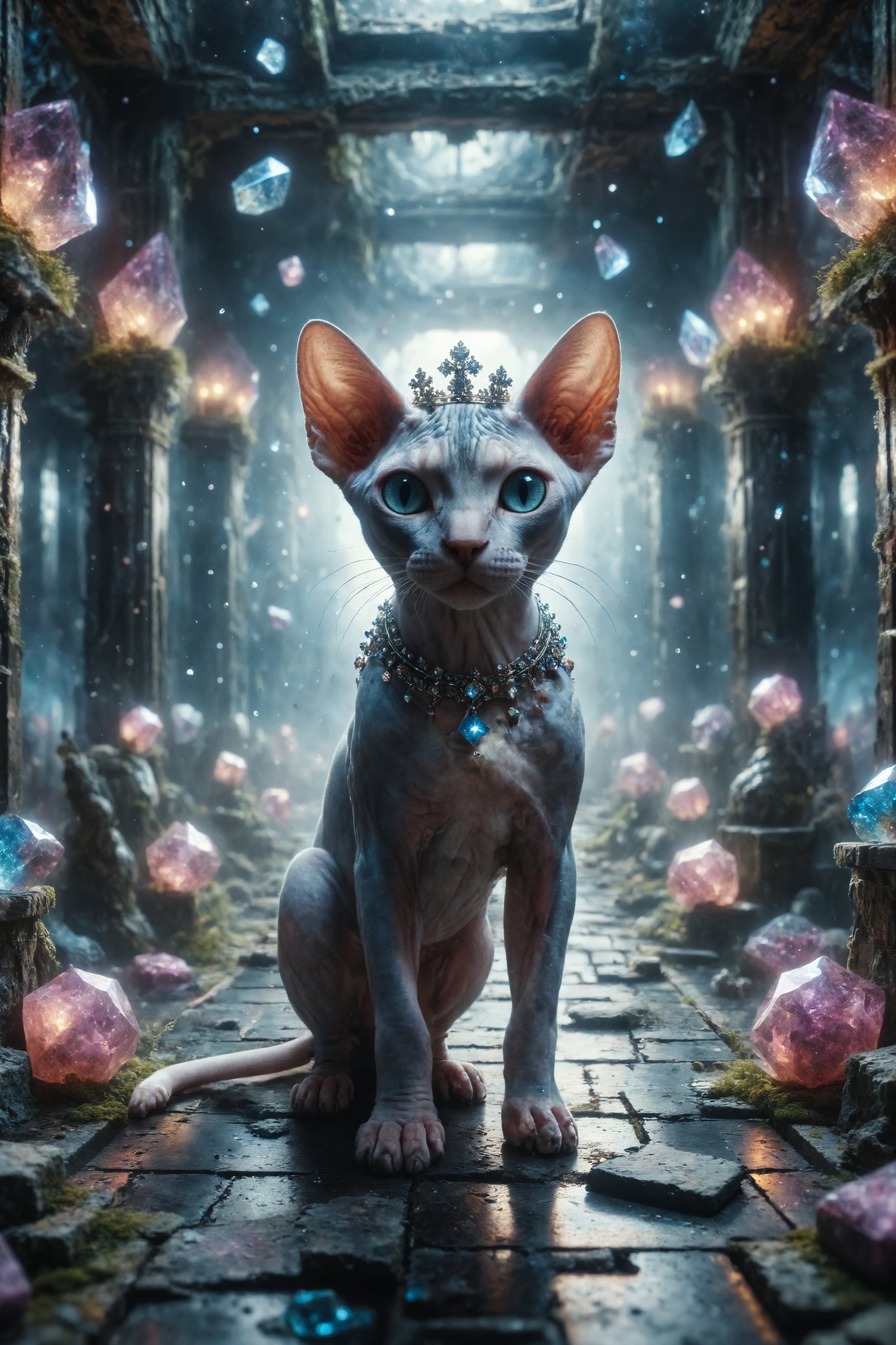 Create a fantastical scene where a Sphynx cat with a crown of luminous crystals walks through a maze of mirrors in a floating castle in the sky.