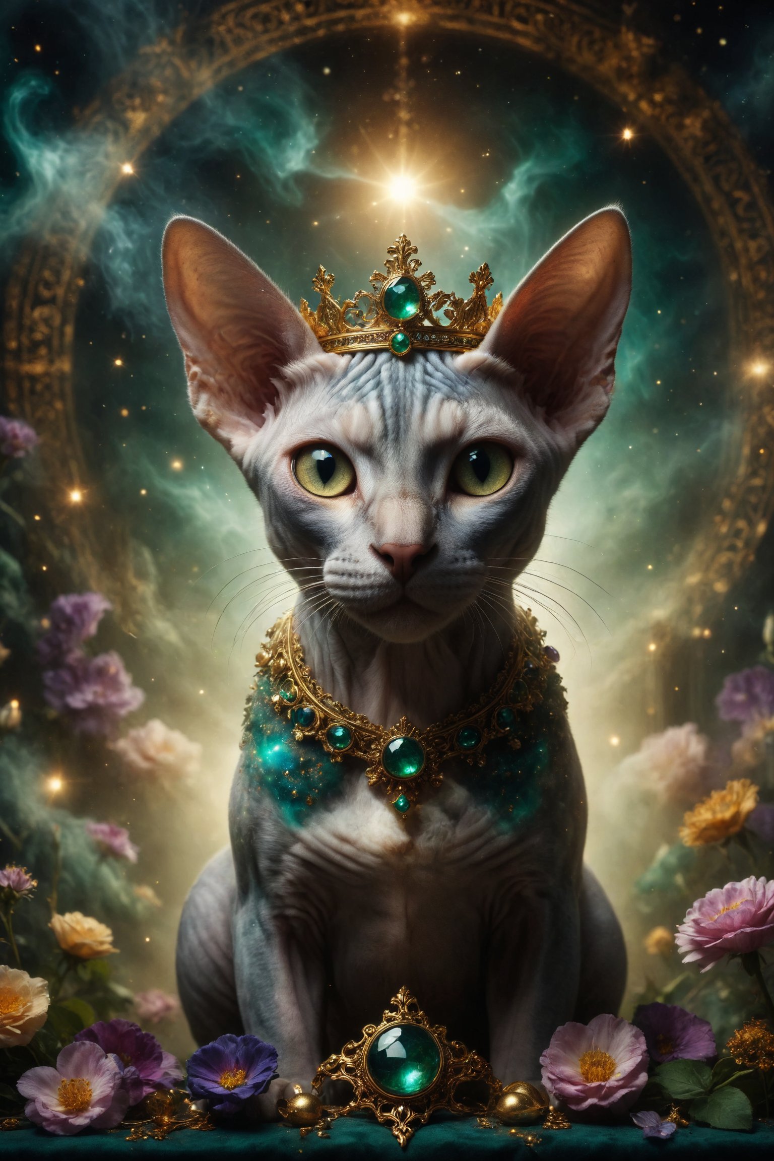 The central image should be a majestic Sphynx cat with wing majestic whit, a starry background and astrological symbols. The cat wears a golden crown and is surrounded by a halo of golden light. At the bottom, he added subtle, ornate floral details in gold and emerald tones. with magic particles, and smoke, fabric luxury, Use deep, rich colors such as dark blue, deep purple and gold to give a sense of mystery and spirituality. The design should evoke a sense of luxury and magic, inviting the user to explore the world of tarot with reverence and wonder.