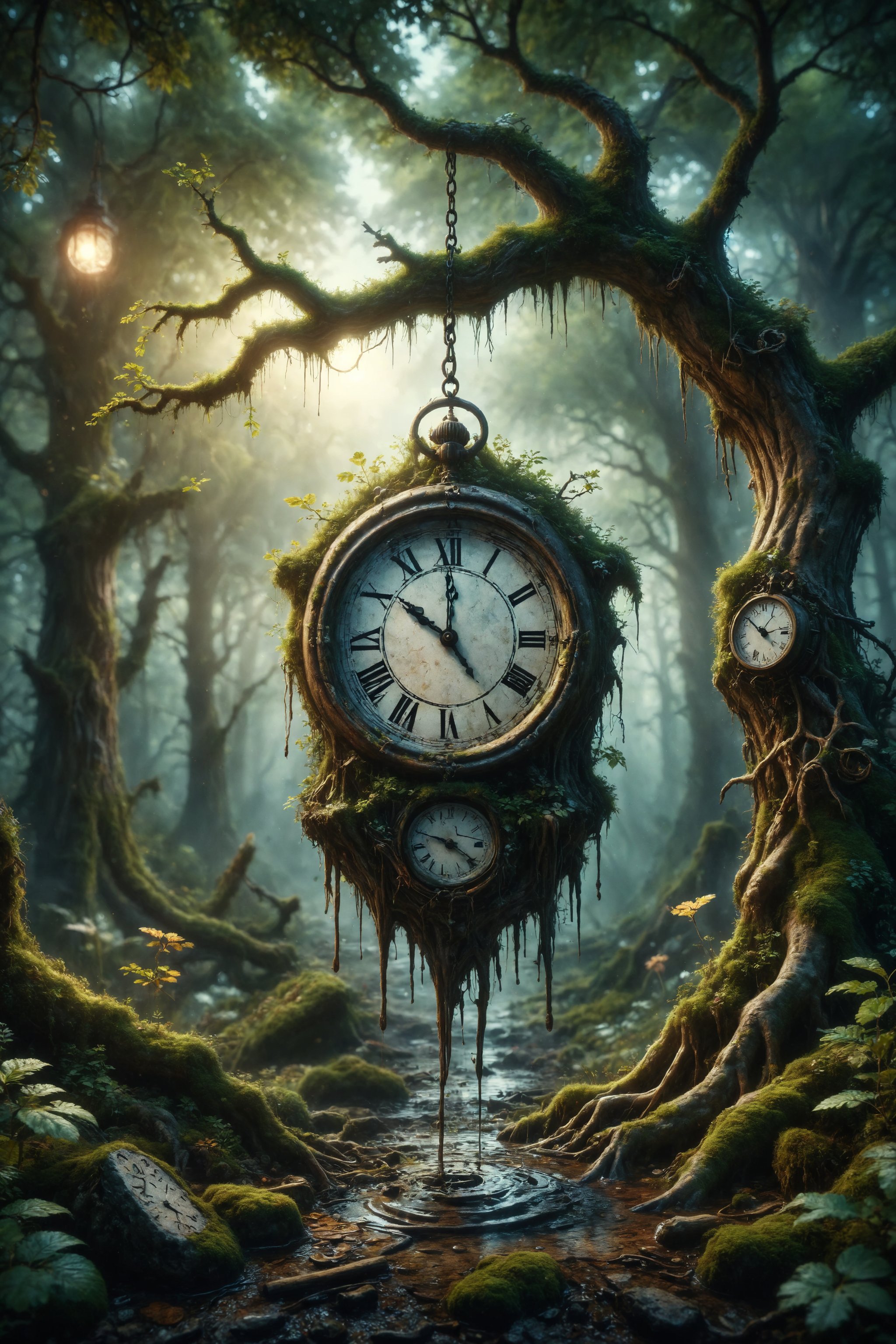 Create an illustration of a melted clock hanging from a tree branch in an enchanted forest.