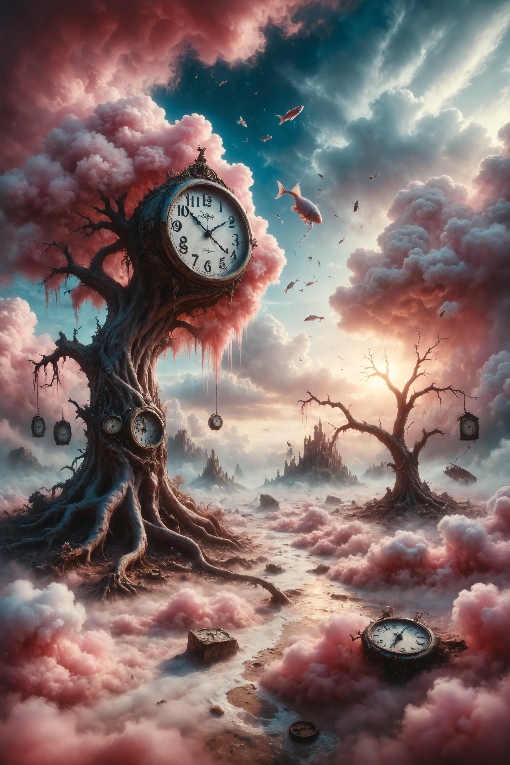 n a surreal landscape, a melted clock twists around a gnarled tree, while in the sky, fish swim among cotton candy clouds.