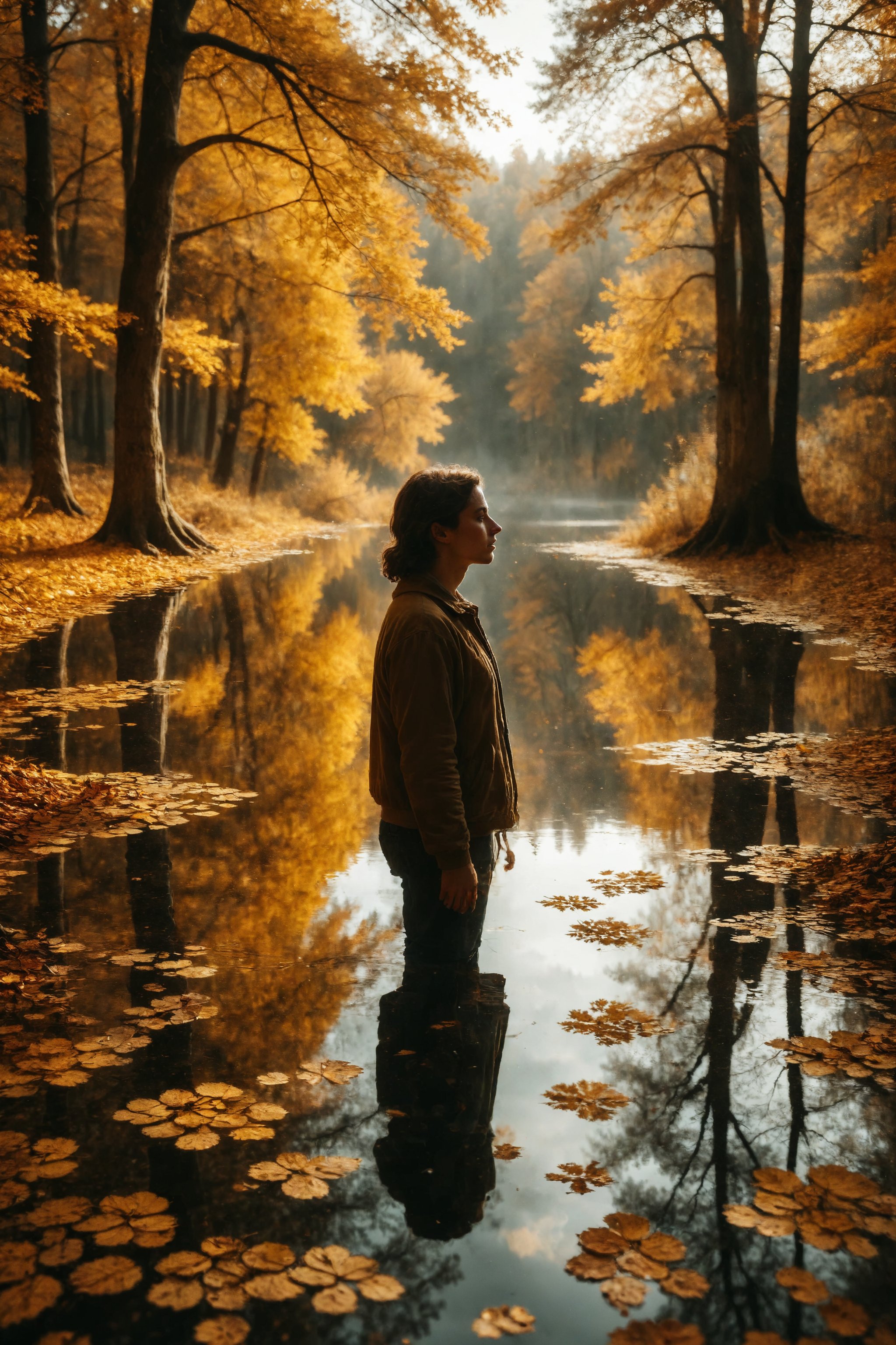 Generate an image of a person looking at their reflection in a lake surrounded by trees with golden leaves.