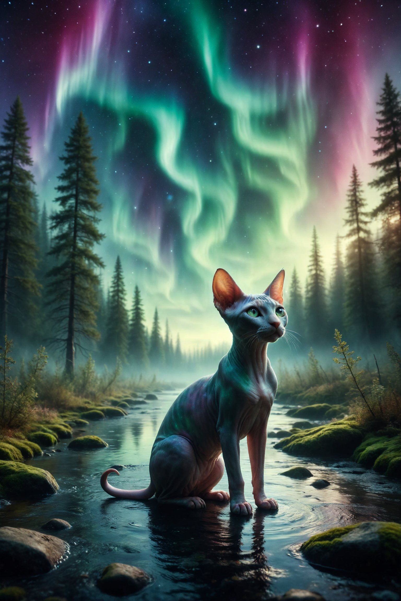 Design a dreamlike scene where a Sphynx cat with aurora borealis skin glides over a river of stars in an enchanted forest, while the northern lights dance in the sky.