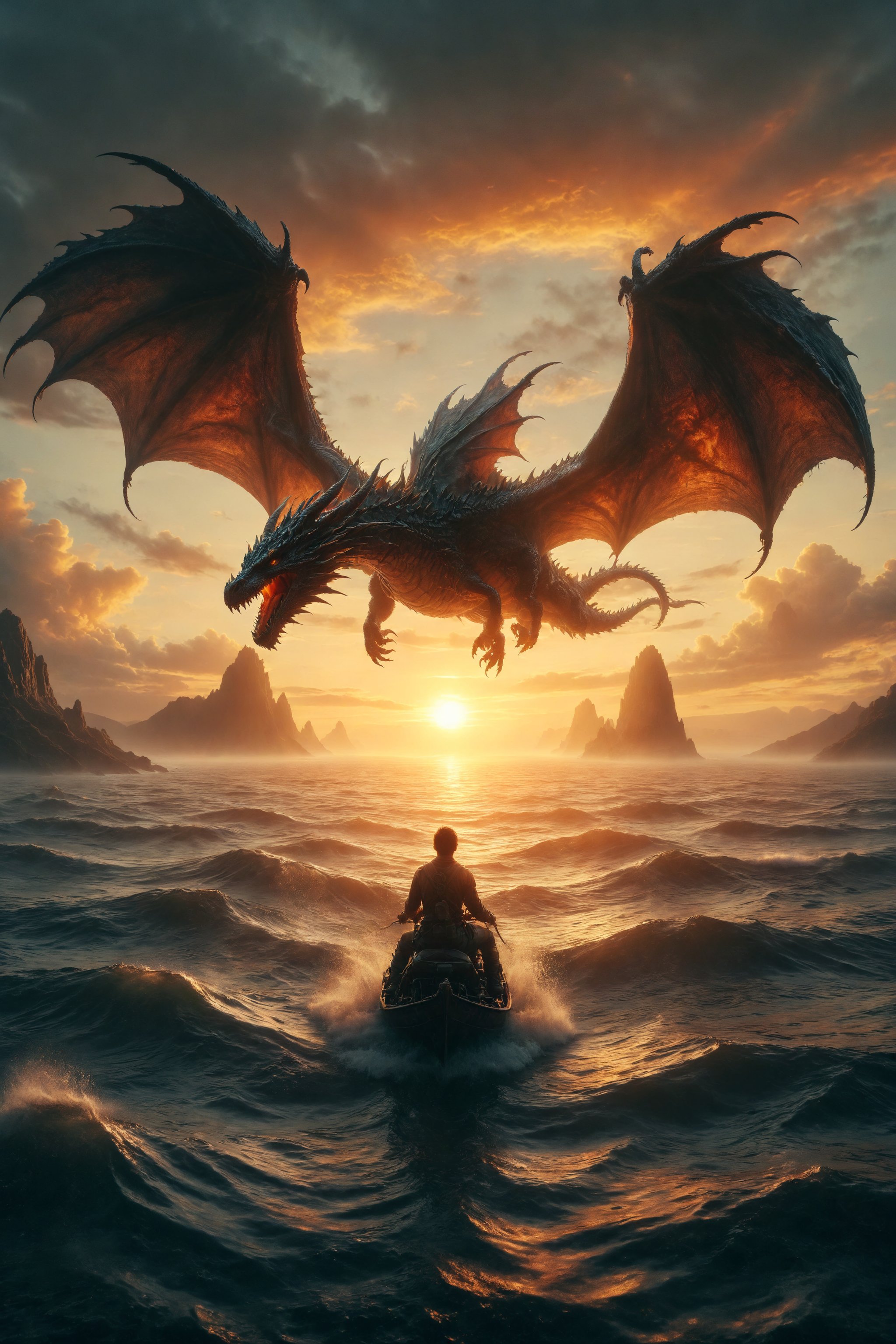 Generate an image of a person riding a dragon flying over a calm ocean at sunset.