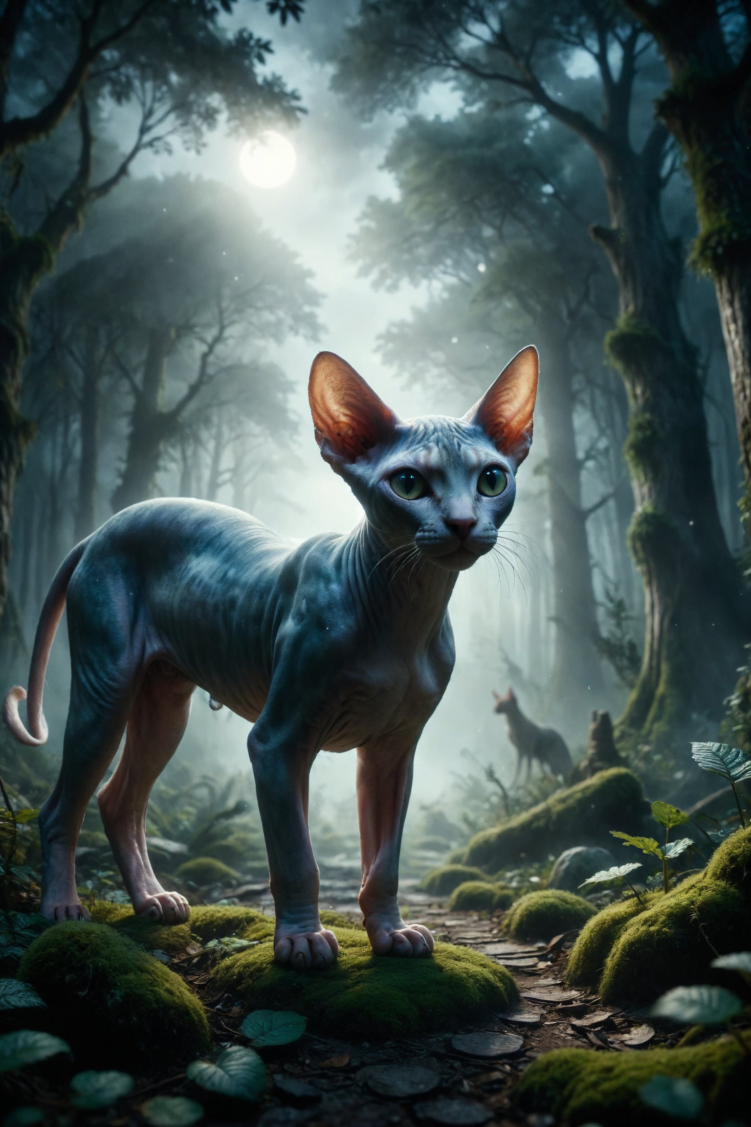 Design a dreamy scene where a Sphynx cat with mist skin glides among the shadows of an enchanted forest full of ancient secrets and hidden mysteries under the moonlight.