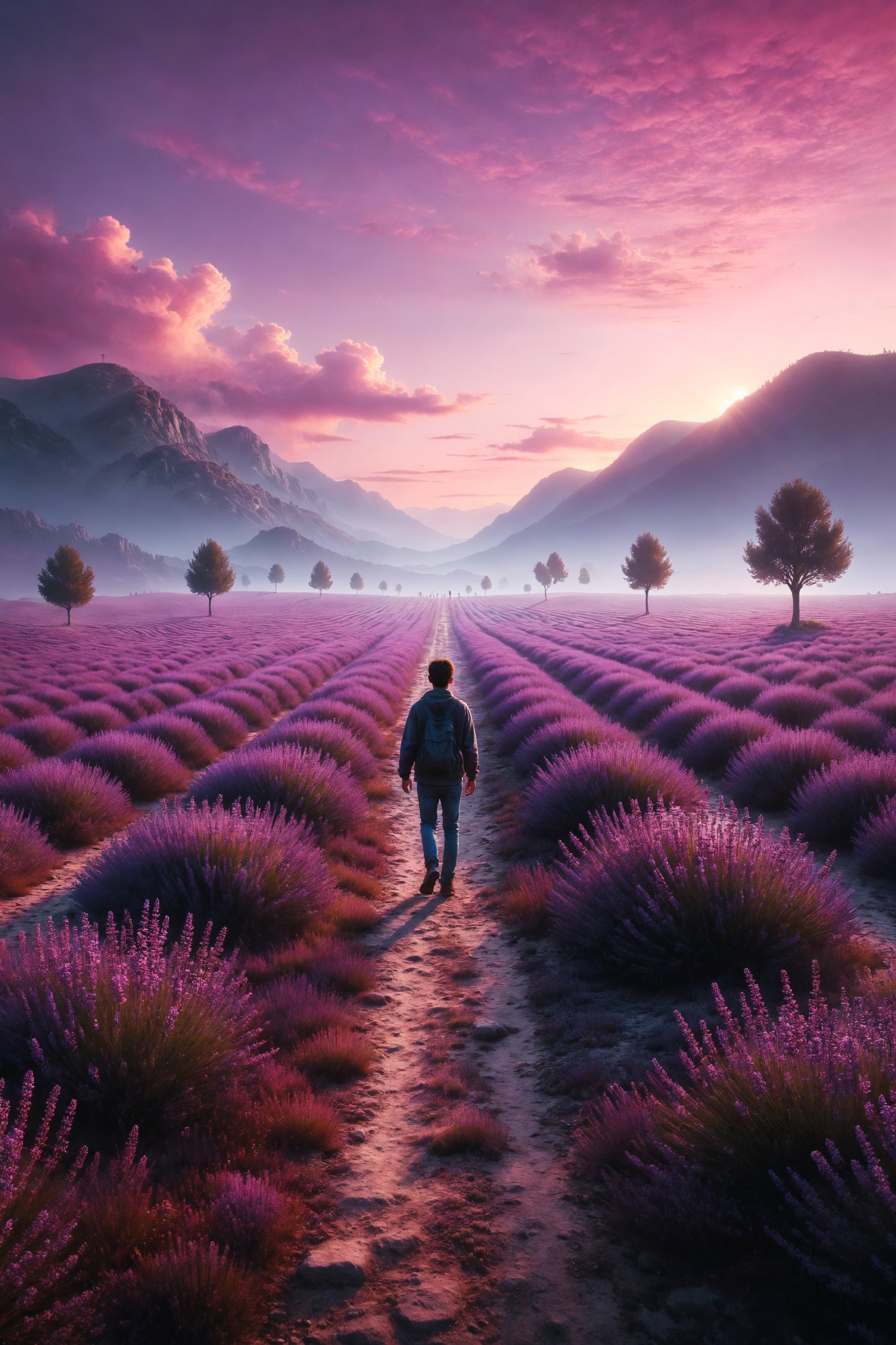 Design a scene of a person walking on a lavender field under a pink sky at dusk.