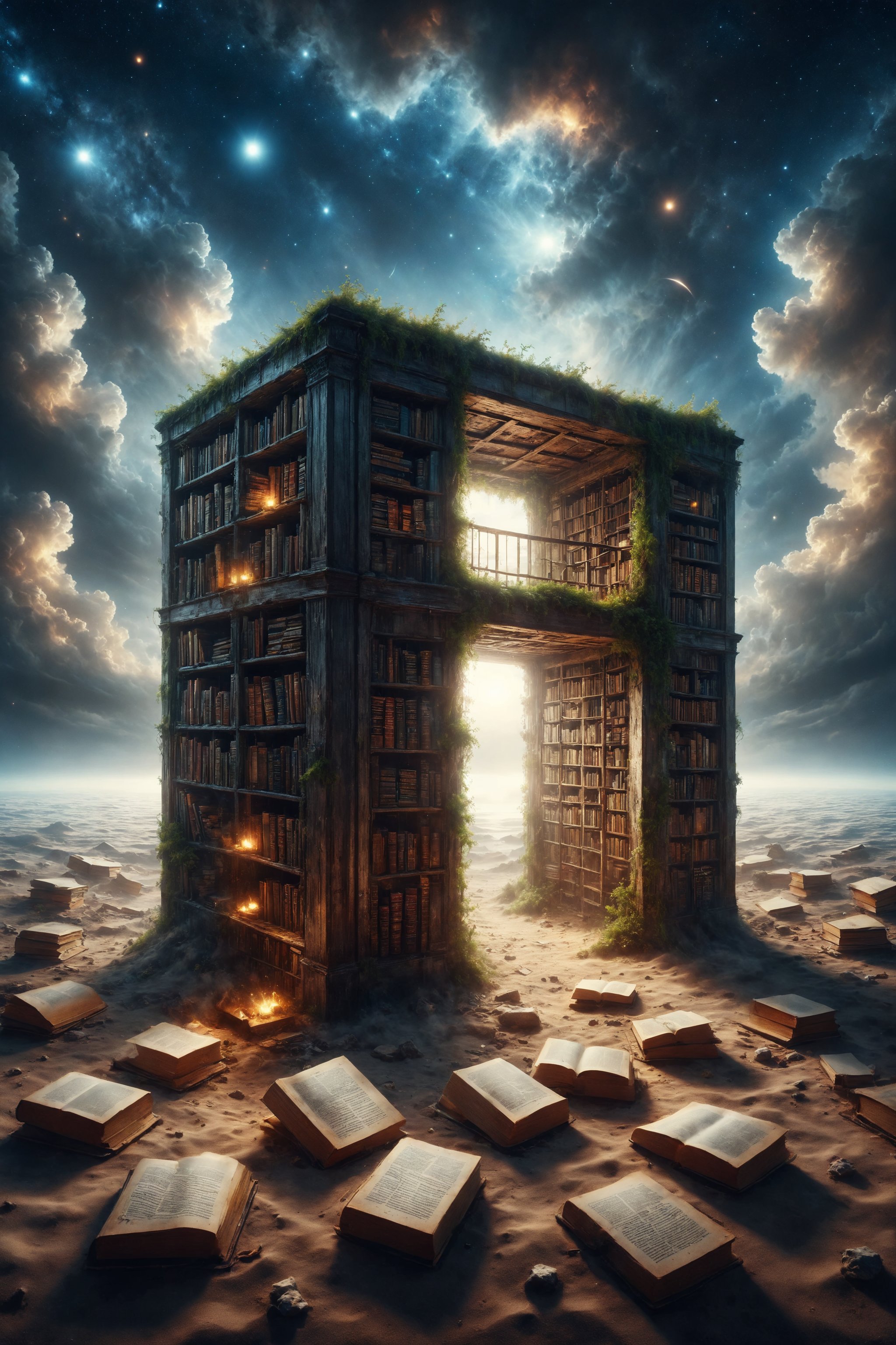 enerate an image of an infinite library where books float in space and open to reveal landscapes inside.