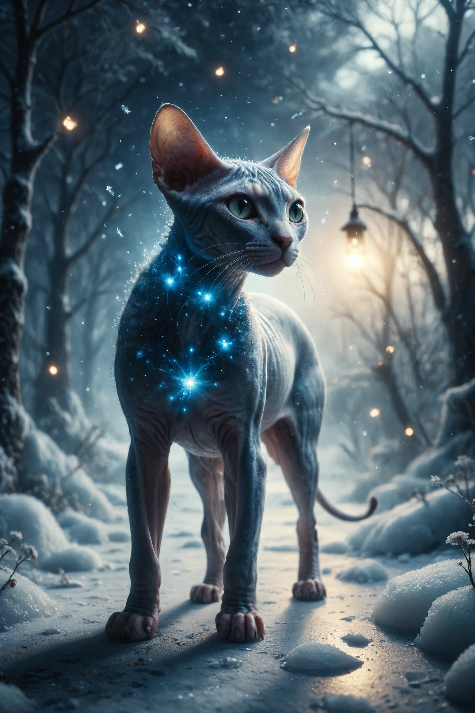 Design a surreal scene where a Sphynx cat with crystal skin strolls through an ice garden in a winter realm, accompanied by fireflies emitting blue sparks.