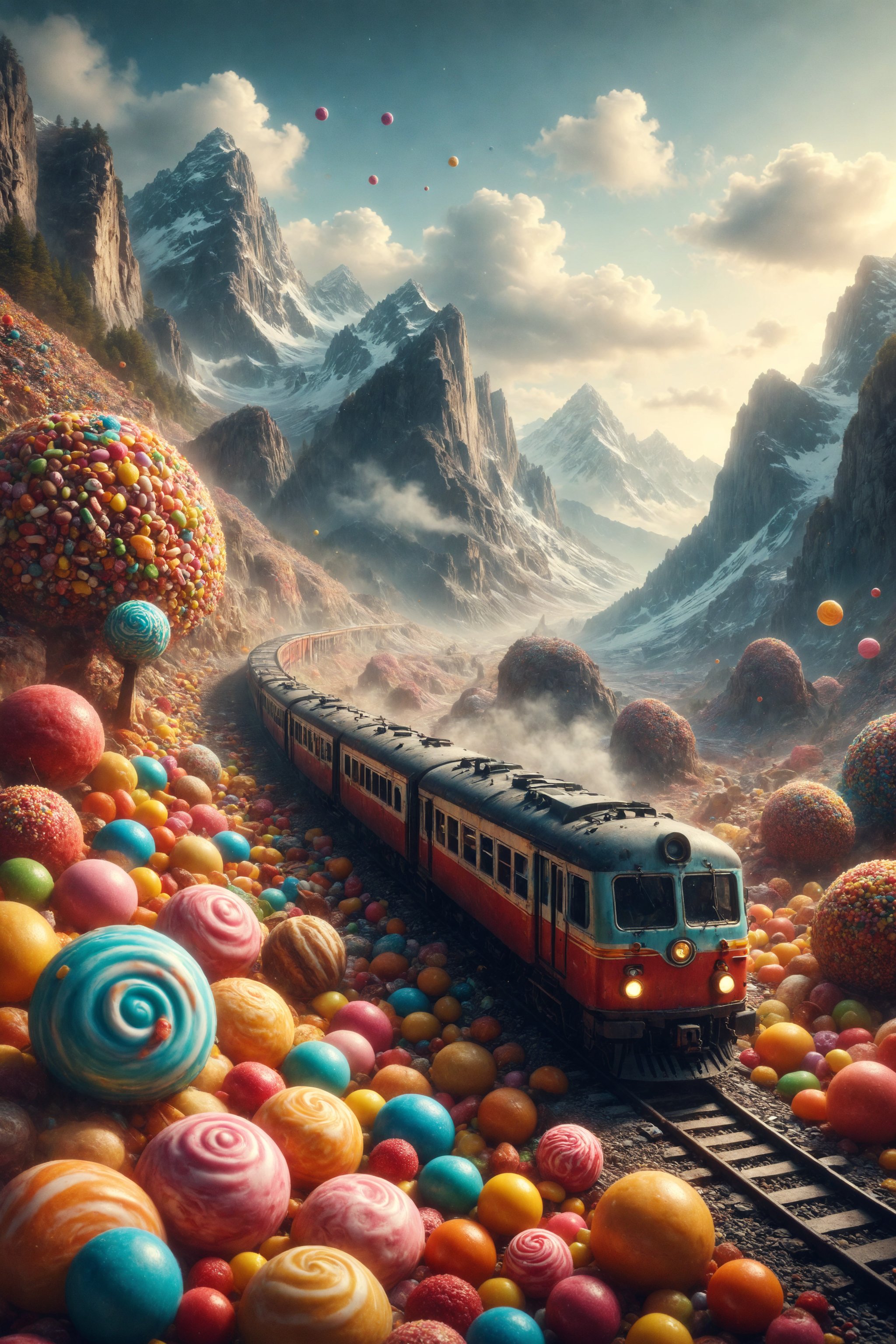 Create an illustration of a train traveling through a landscape of sweets and candies instead of mountains and valleys.