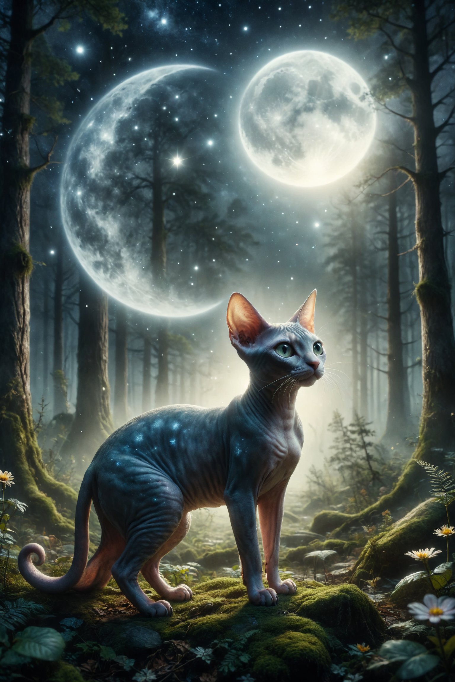 Design a fantasy scene where a Sphynx cat with moon skin encounters a magical creature in a forest clearing under the silver glow of the full moon and bright stars.