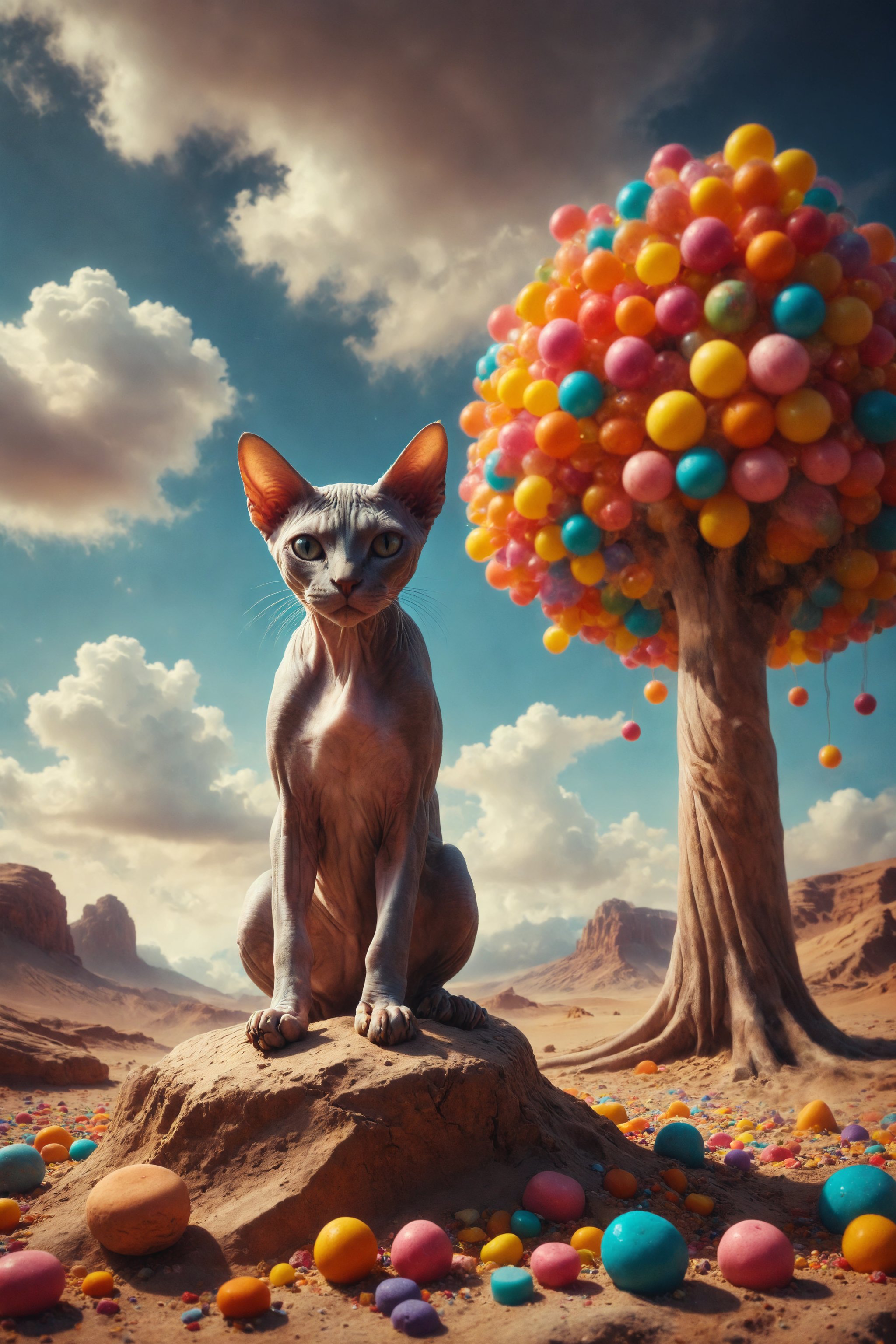 Generate a surreal image of a Sphynx cat with tree trunk legs, resting on a rock in a caramel desert under a sky of colorful candies.