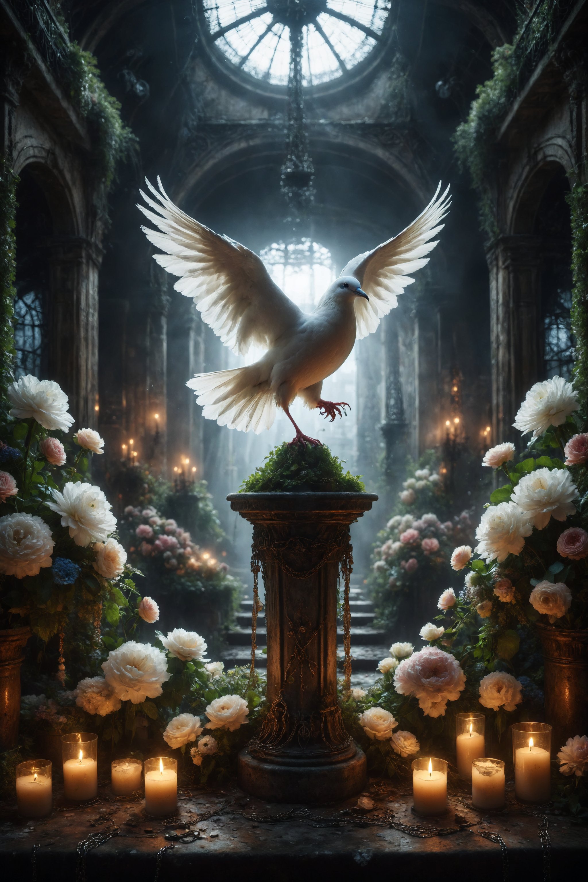 Generate an enchanting scene where a radiant white dove, its feathers emitting a gentle luminescence, perches atop a velvet-draped pedestal adorned with intricate chains, amidst a vibrant floral garden under the silhouette of the iconic Eiffel Tower. The juxtaposition of organic and industrial elements bathed in soft moonlight evokes a sense of surreal wonder.