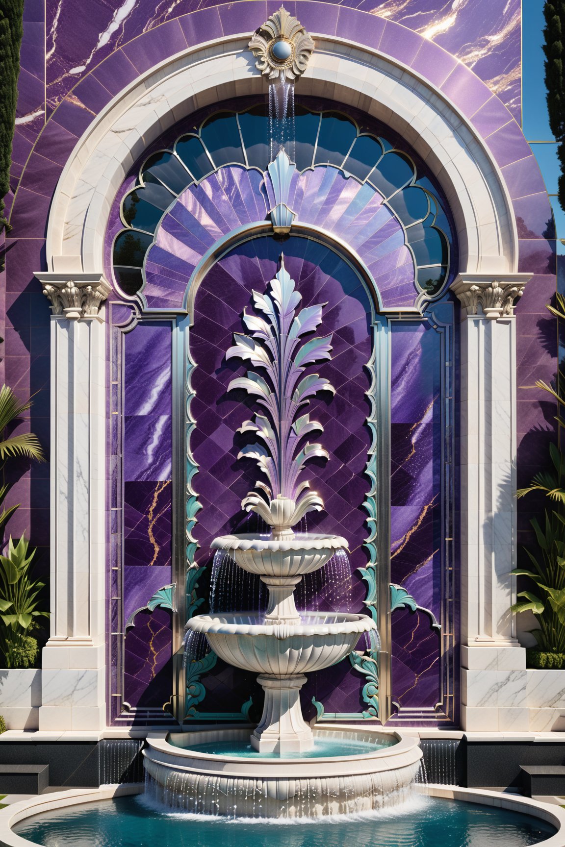 (best quality,  highres,  ultra high resolution,  masterpiece,  realistic,  extremely photograph,  detailed photo,  8K wallpaper,  intricate detail,  film grains),  High definition photorealistic photography of luxurious purple water fountain art deco lineal style, located in the back garden of a hotel in art deco style, in marble, metal and glass, with fine details and clean finishes, a cinematographic shot in marble and glass with iridescent iridescent effect, detailed explosion of the scenery, with fabrics, Full of elegant mystery, symmetrical, geometric and parametric details, Technical design, Ultra intricate details, Ornate details. shutter speed 1/1000, f/22, white balance, vintage aesthetic, retro aesthetic, retro film, dramatic setting, horror film