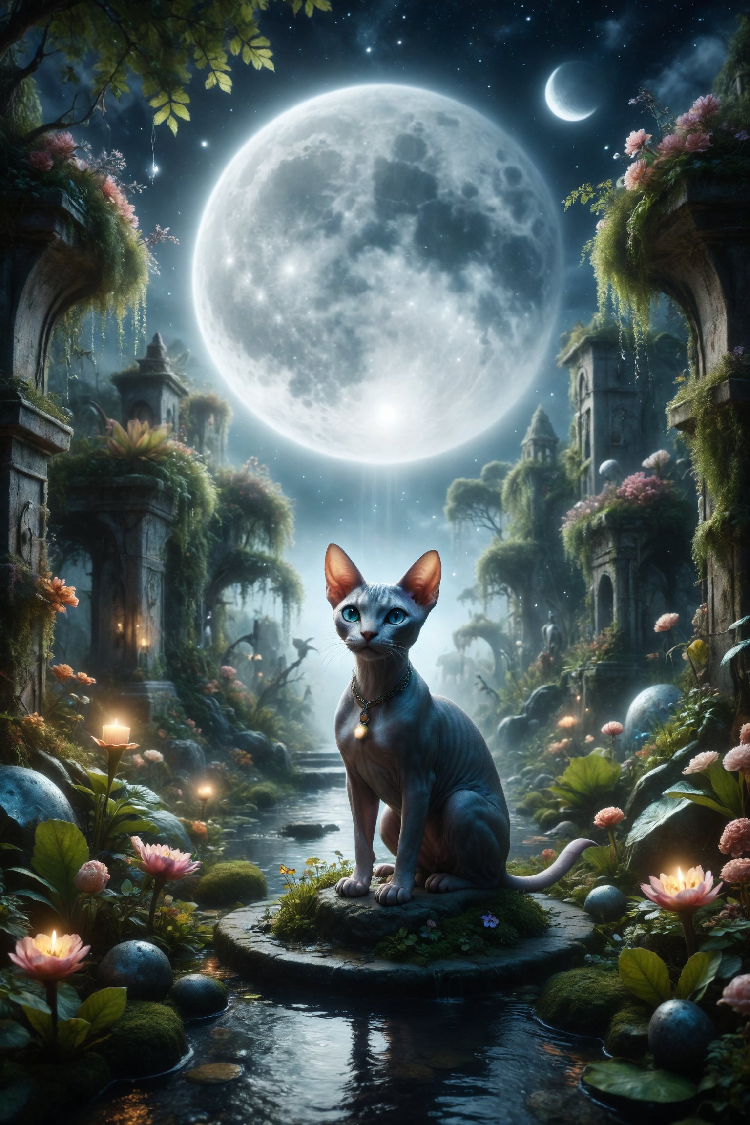 Design a fantasy scene where a Sphynx cat with moon skin encounters a magical fountain in a secret garden full of glowing plants and enchanted creatures under the silver light of the full moon.