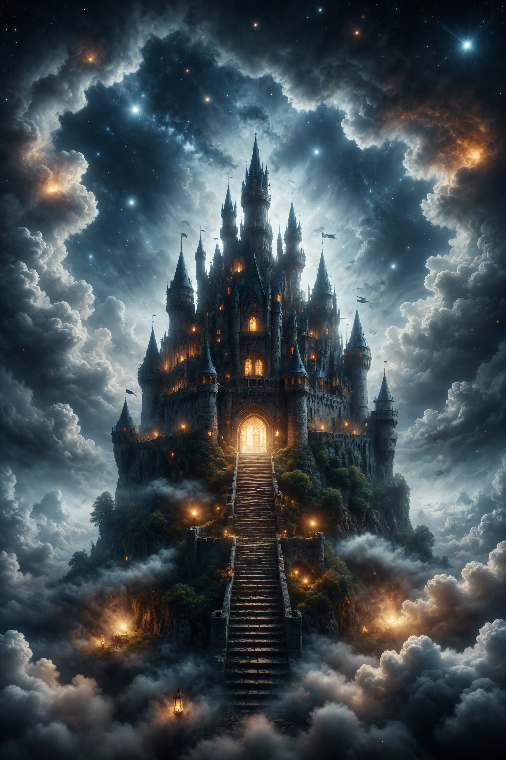 Generate an image of a castle on a cloud, with staircases leading to floating hallways and rooms illuminated by stars.