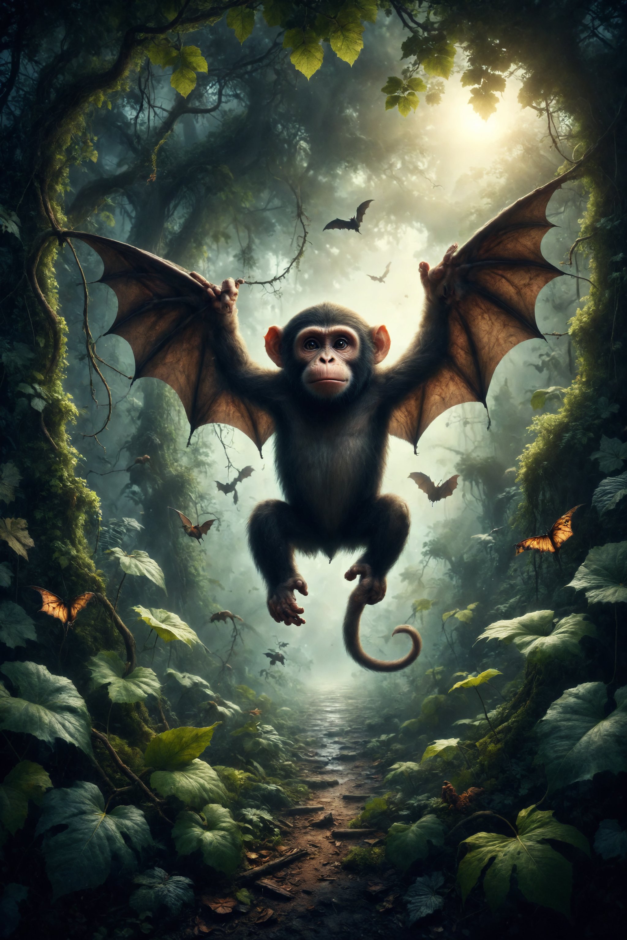 Create an illustration of a monkey with the wings of a bat swinging from vine to vine in the nocturnal jungle.