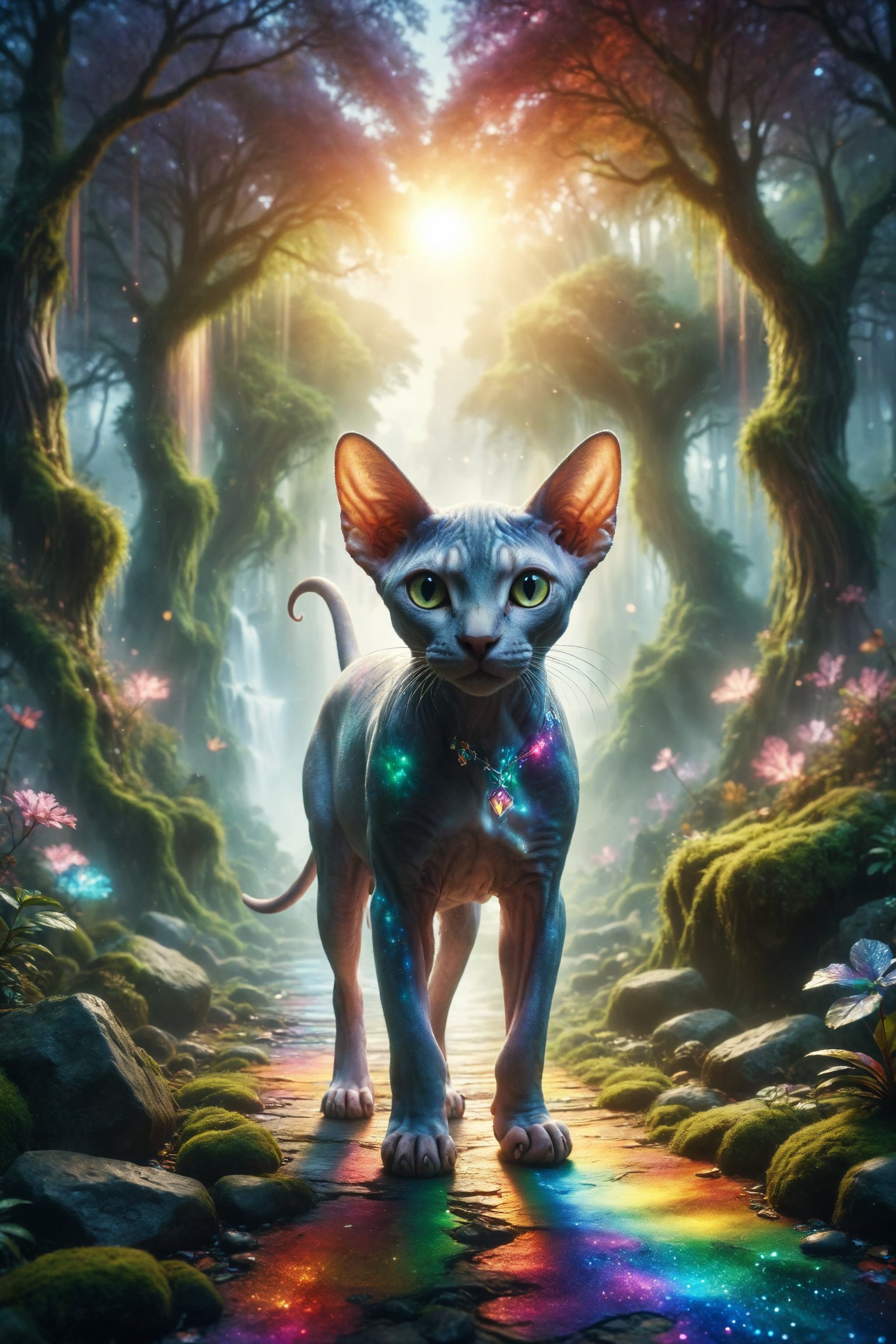 Create an illustration of a Sphynx cat with crystal skin walking along a rainbow path in a dream valley full of shimmering waterfalls and glowing trees.