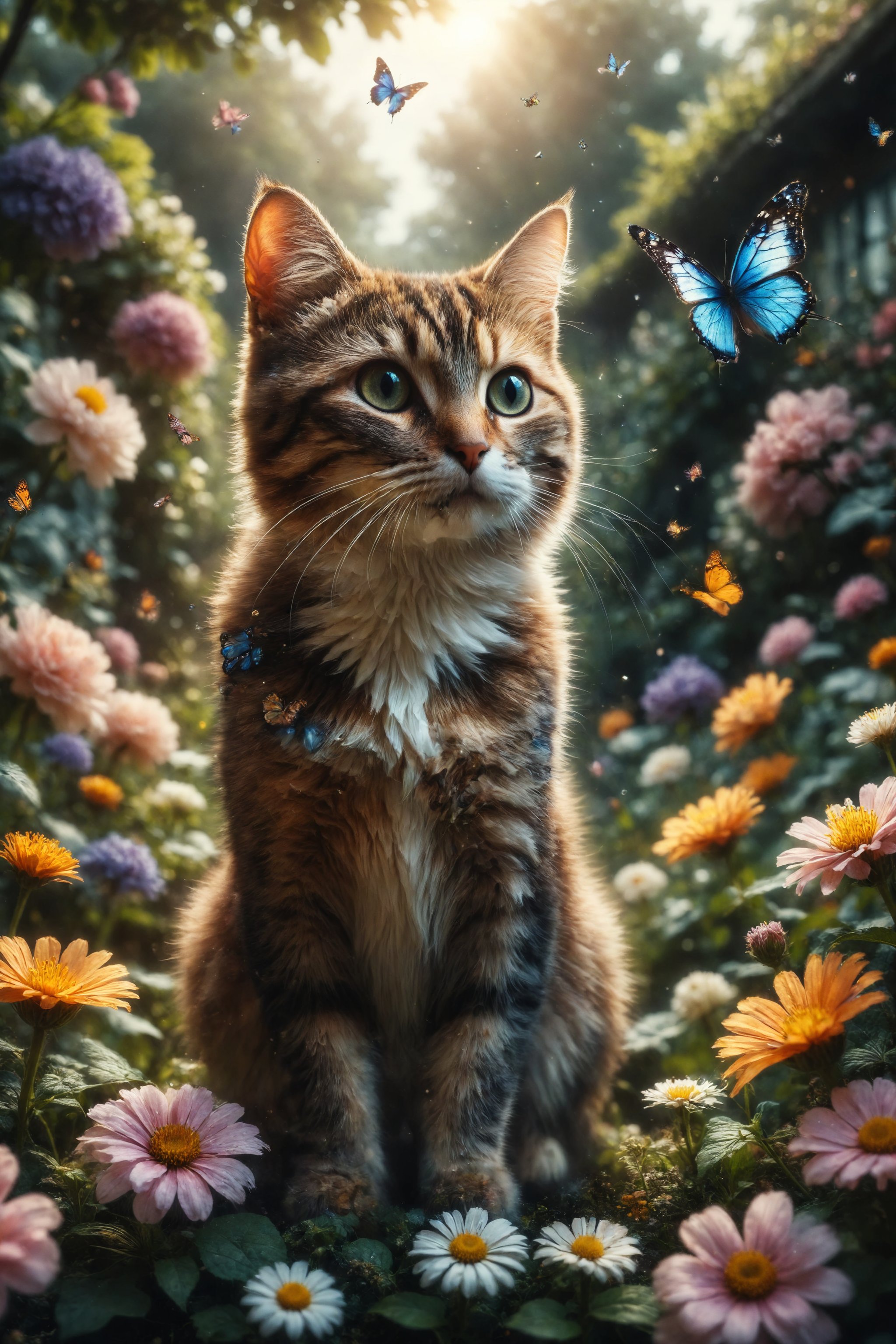 Create an image of a cat with butterfly wings fluttering among the flowers in a garden.