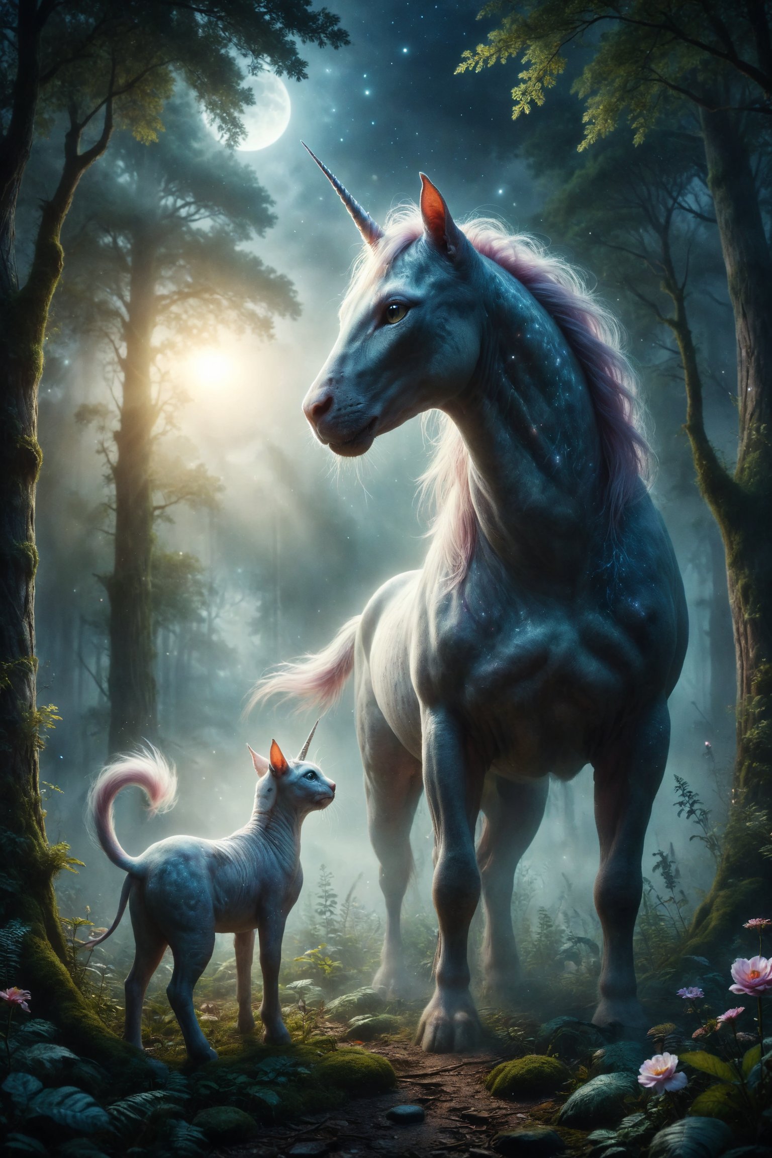 Design a dreamy scene where a Sphynx cat with mist skin encounters a unicorn in a forest clearing under the moonlight, in a magical encounter between two mystical creatures.