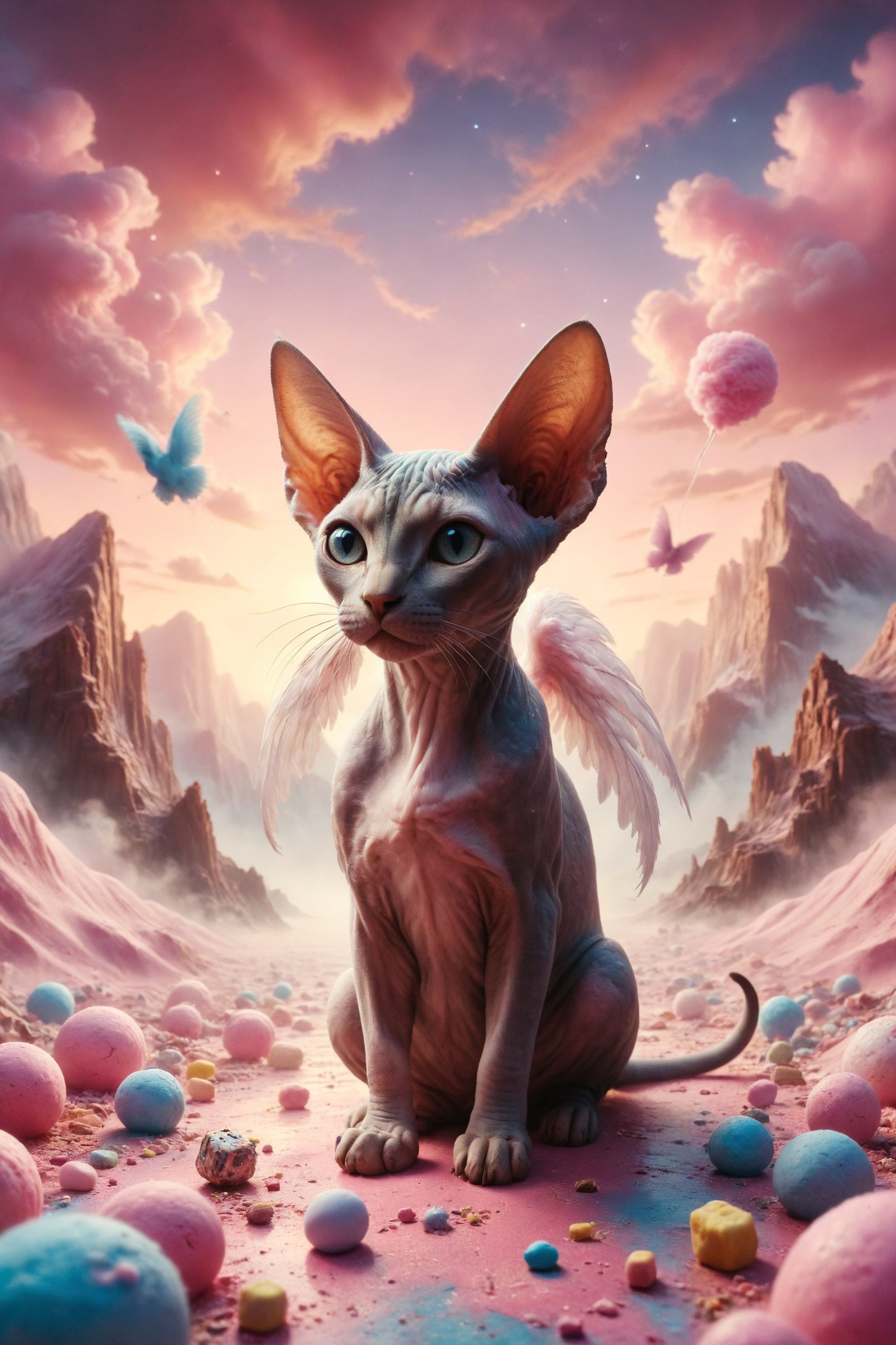 Create an illustration of a Sphynx cat with angel wings, floating in a cotton candy sky over a landscape of candy mountains and chocolate rivers in a candy world.