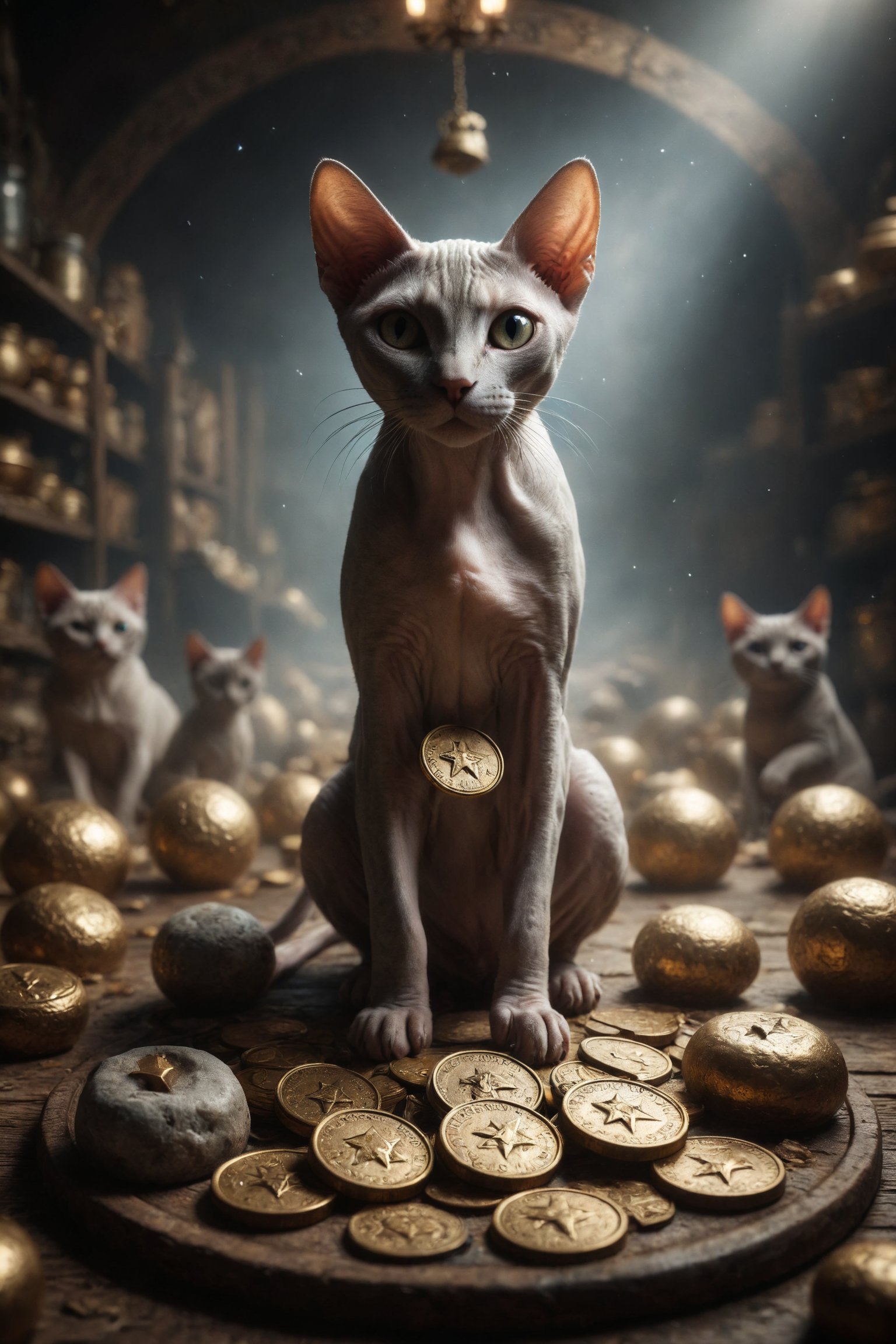 Generates a scene of a Sphynx cat distributing food to other cats in need, symbolizing generosity, charity and balance in giving and receiving and as decoration it must include 6 large coins with engraved pentacles