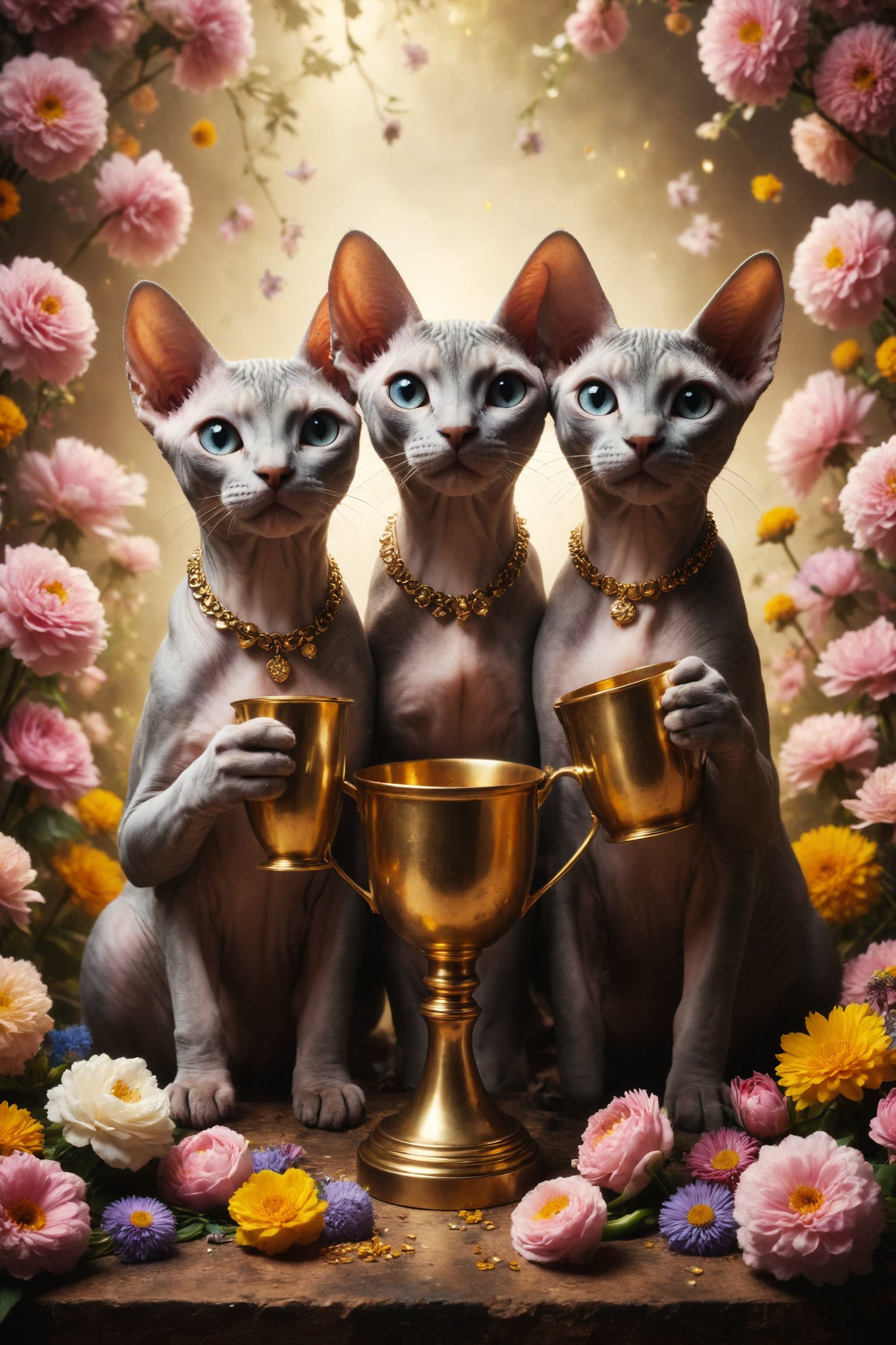 generate a image of three Sphynx cats celebrating together, each raising a gold metal cup, and surrounded by flowers, symbolizing friendship, joy and celebration.