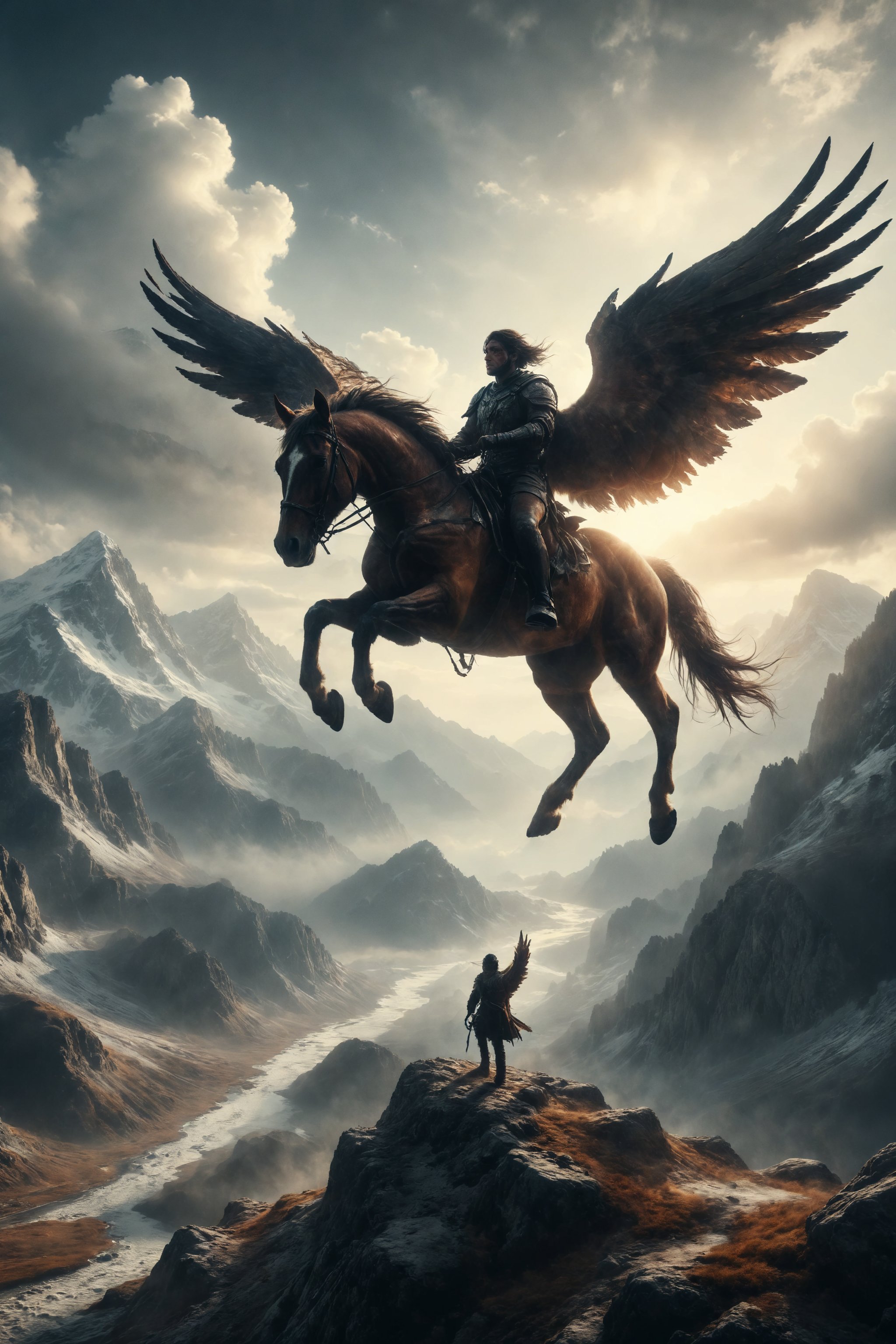 Generate an image of a person riding a winged horse flying over a mountain range.