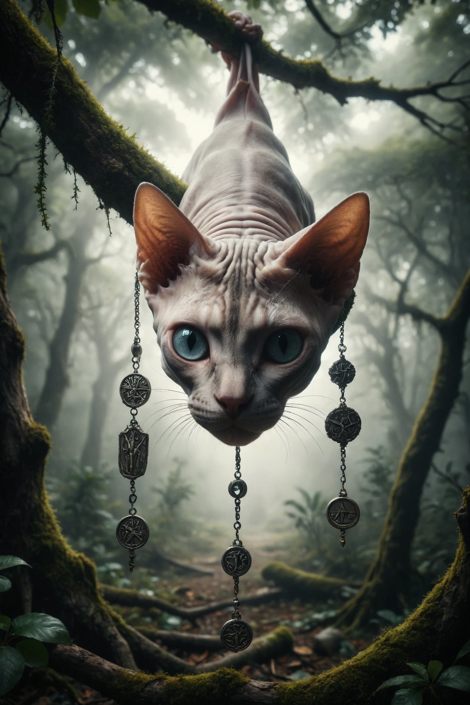 Generate an image of a Sphynx cat hanging upside down from a tree branch, with a serene expression and surrounded by mystical symbols, symbolizing contemplation, sacrifice, and reversed perspective.