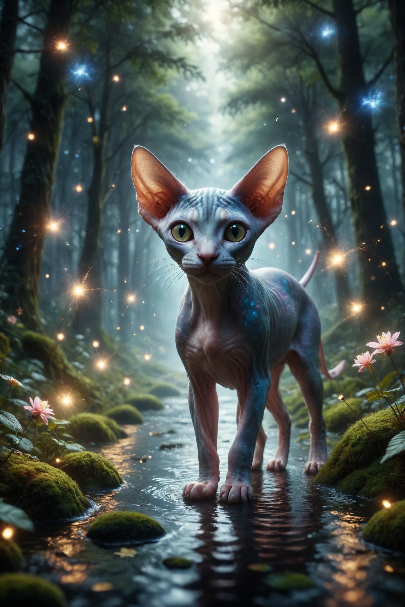 Design a dreamlike scene where a Sphynx cat with star skin glides along a river of light in an enchanted forest, while fireflies dance around creating a spectacle of bright flashes.