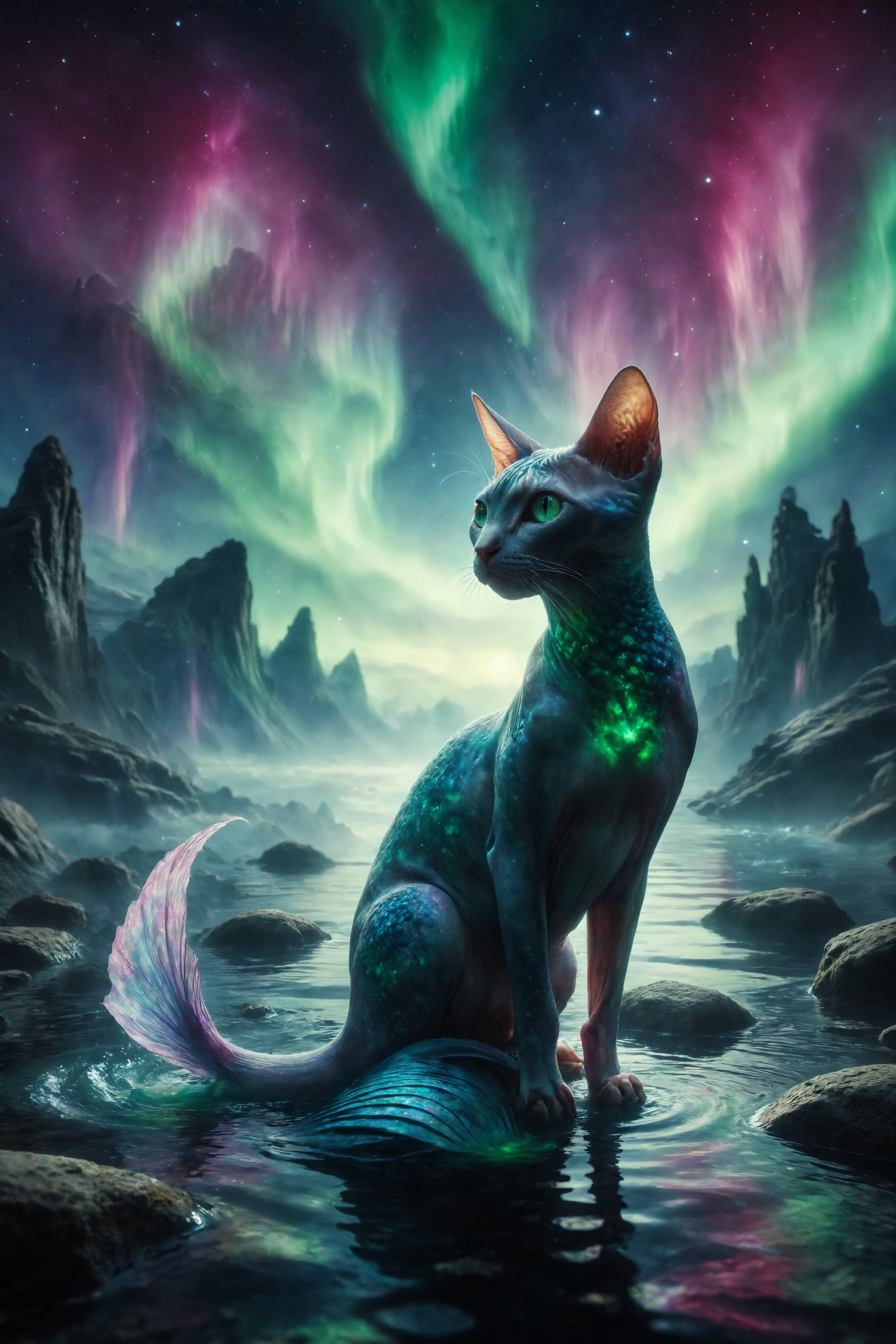 Design a surreal scene of a Sphynx cat with a mermaid tail, playing in a neon lake under the glow of the northern lights in a dreamy underwater world.