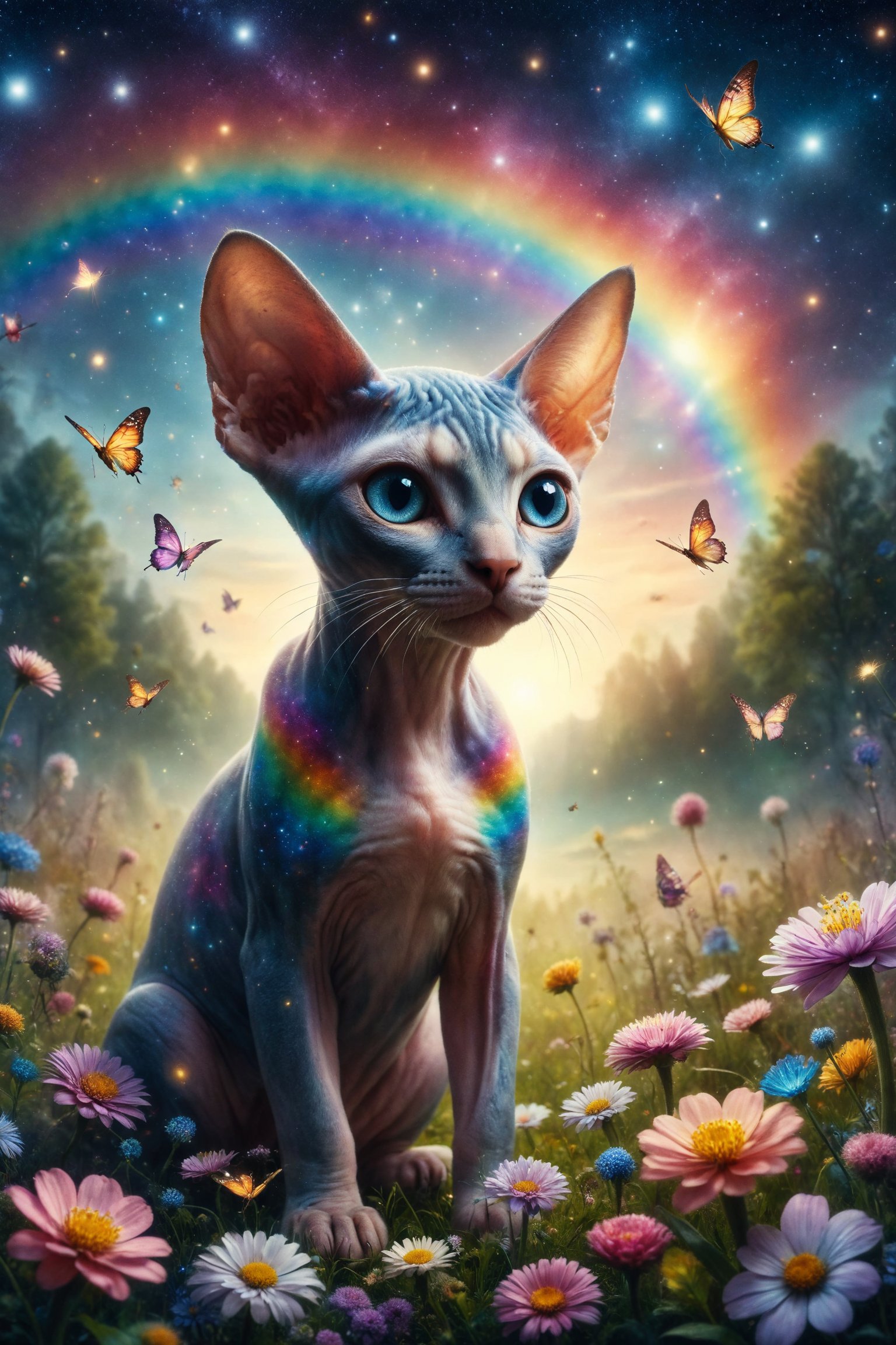 Create an illustration of a Sphynx cat with rainbow skin playing with fairies in a meadow of crystal flowers in a fantasy world full of light and color under a starry sky.