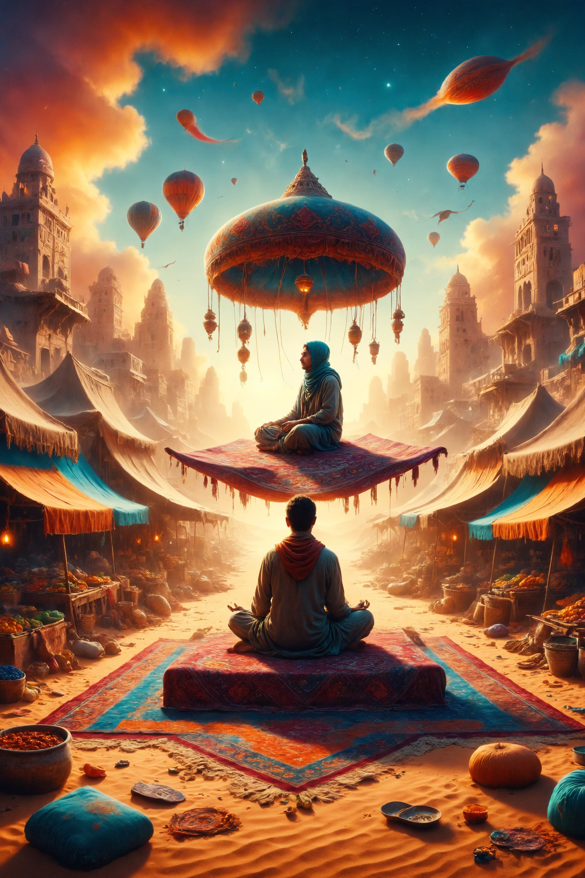 Create an illustration of a person sitting on a flying carpet over a colorful market in the desert.