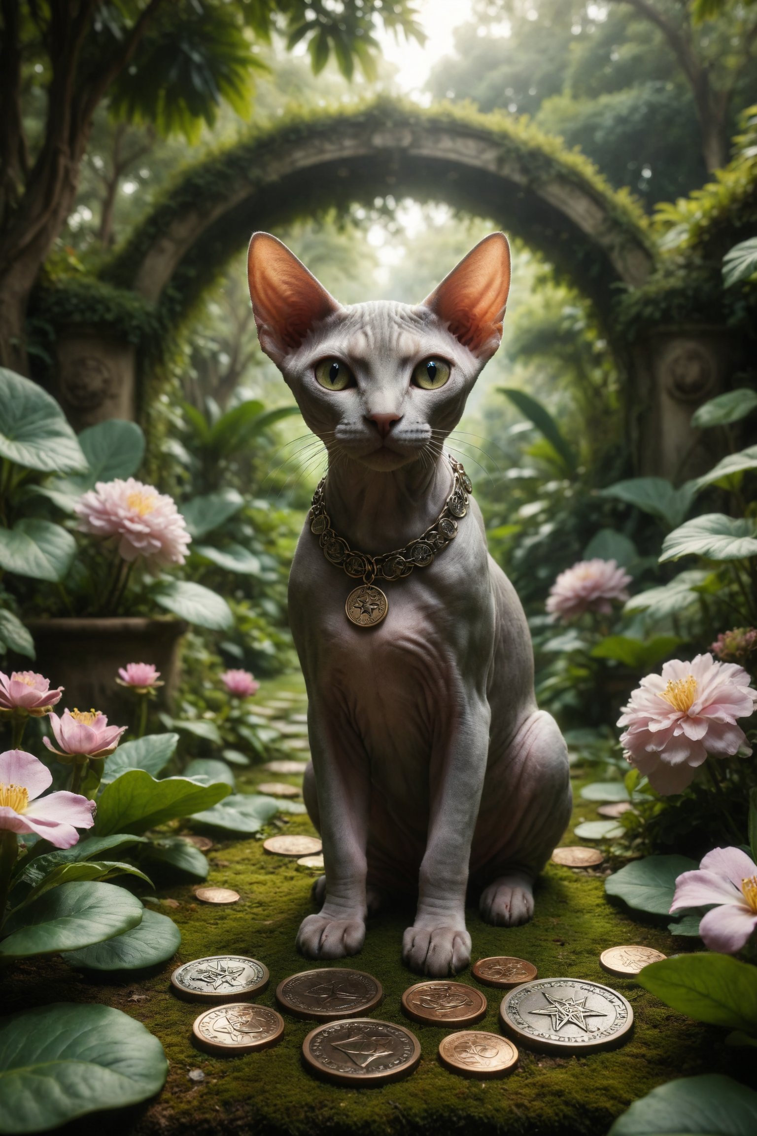 Generates an image of a Sphynx cat enjoying tranquility in a lush garden, surrounded by luxury and comfort, symbolizing security, abundance and the enjoyment of earthly pleasures, with 9 large coins with engraved pentacles