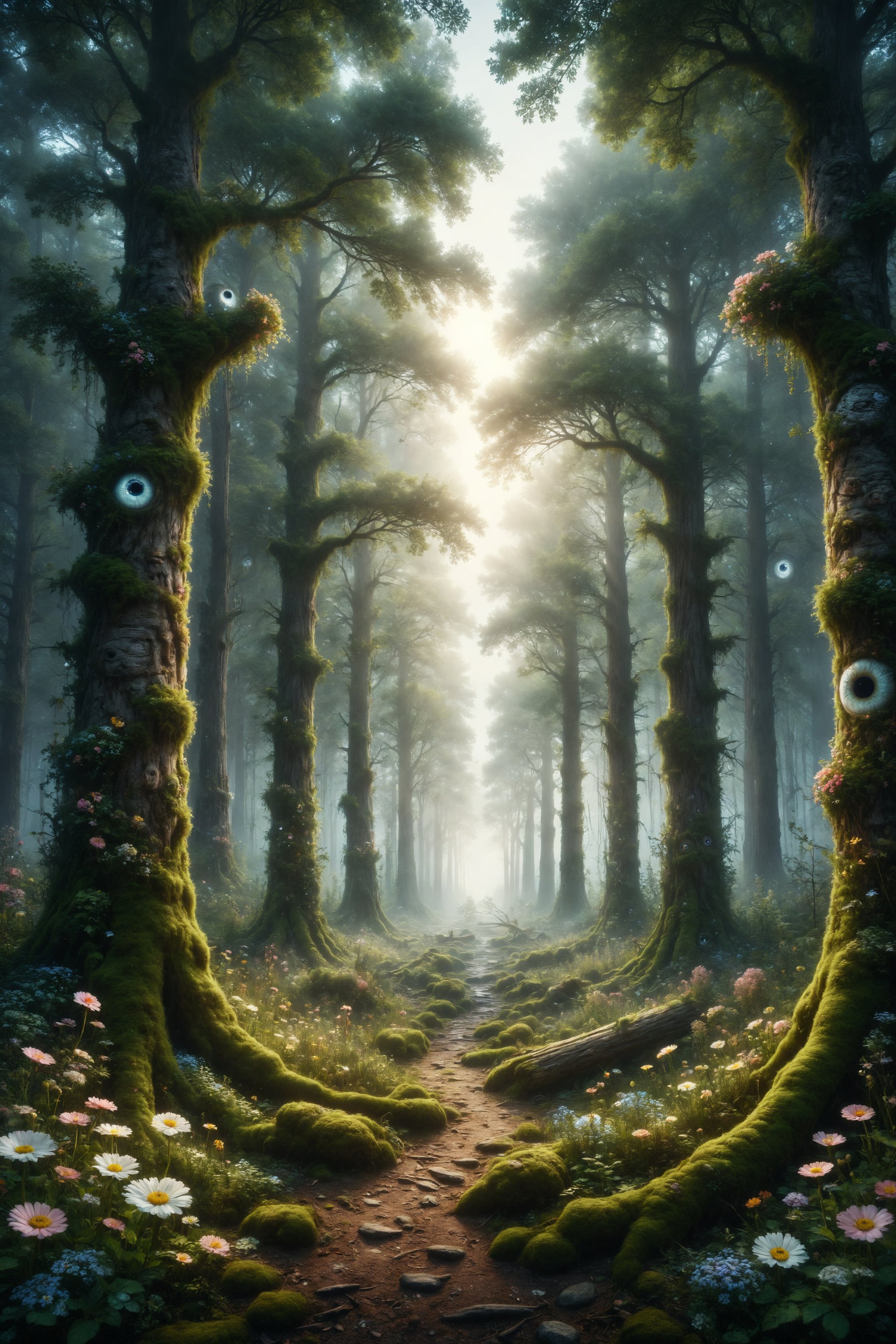 Design a scene of a forest where trees have eyes and flowers sing lullabies to the wind.